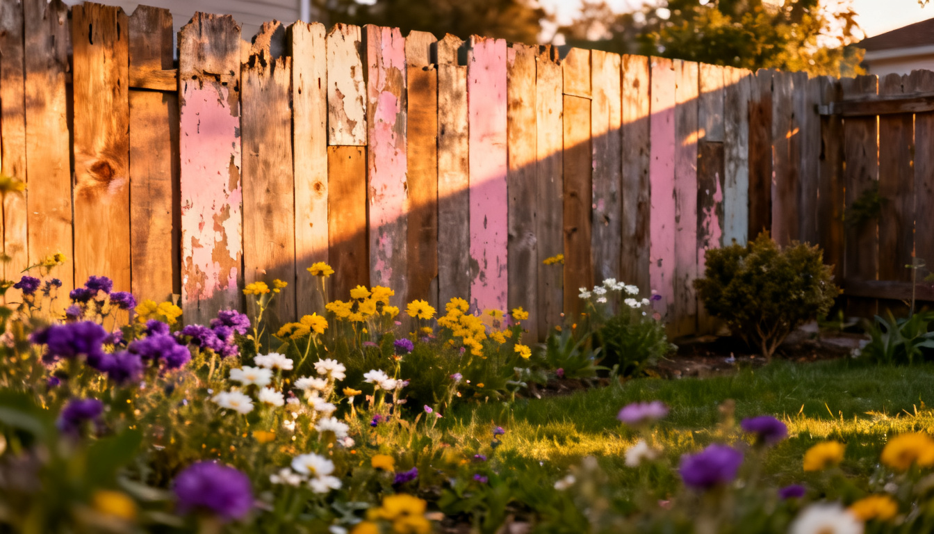 rustic reclaimed wood fence made from weathered mixed planks with colorful wildflowers blooming in a sunlit backyard garden