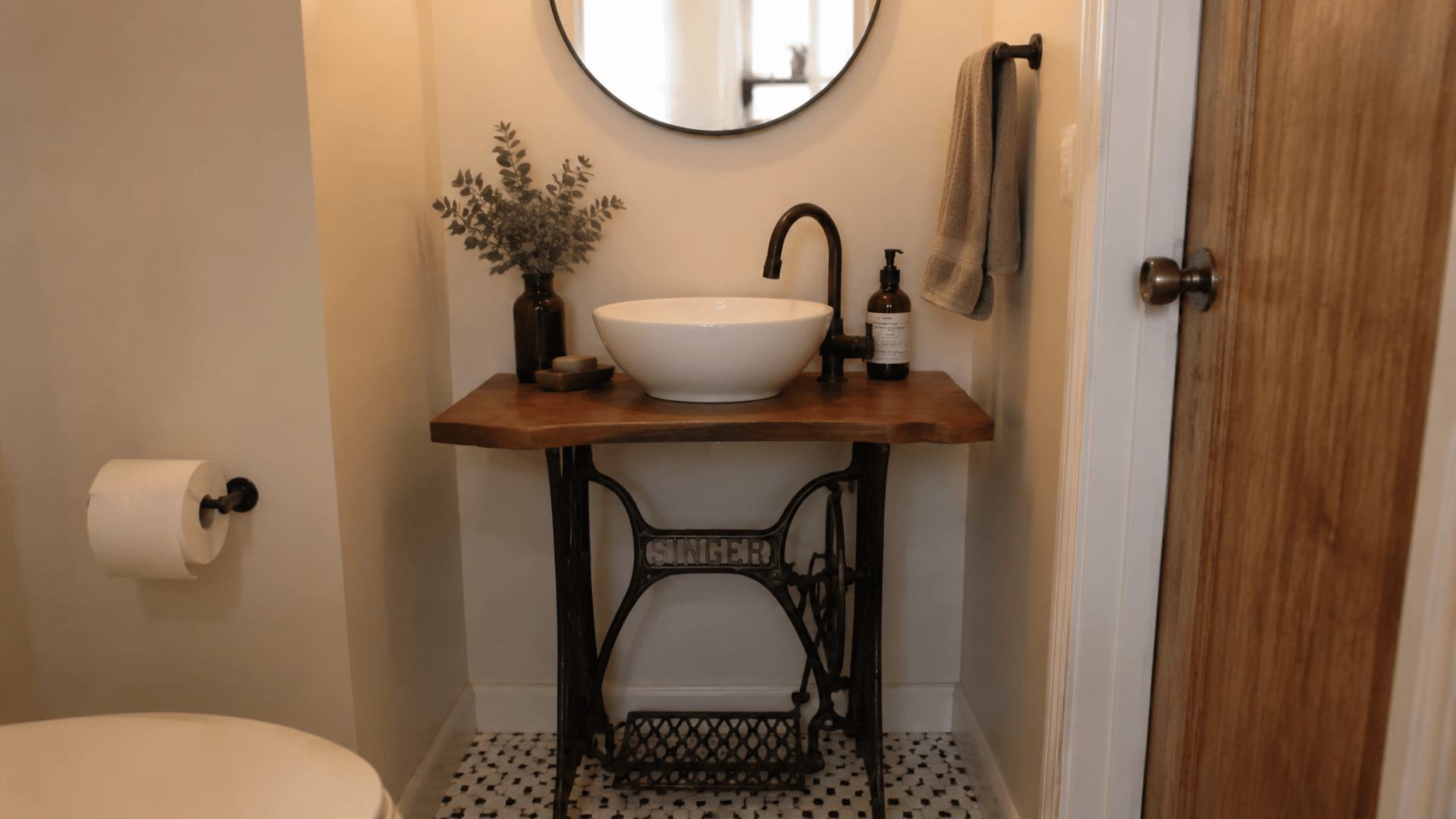 rustic vintage bathroom setup with sewing machine repurposed base bathroom vanity with bulb lighting and mirror