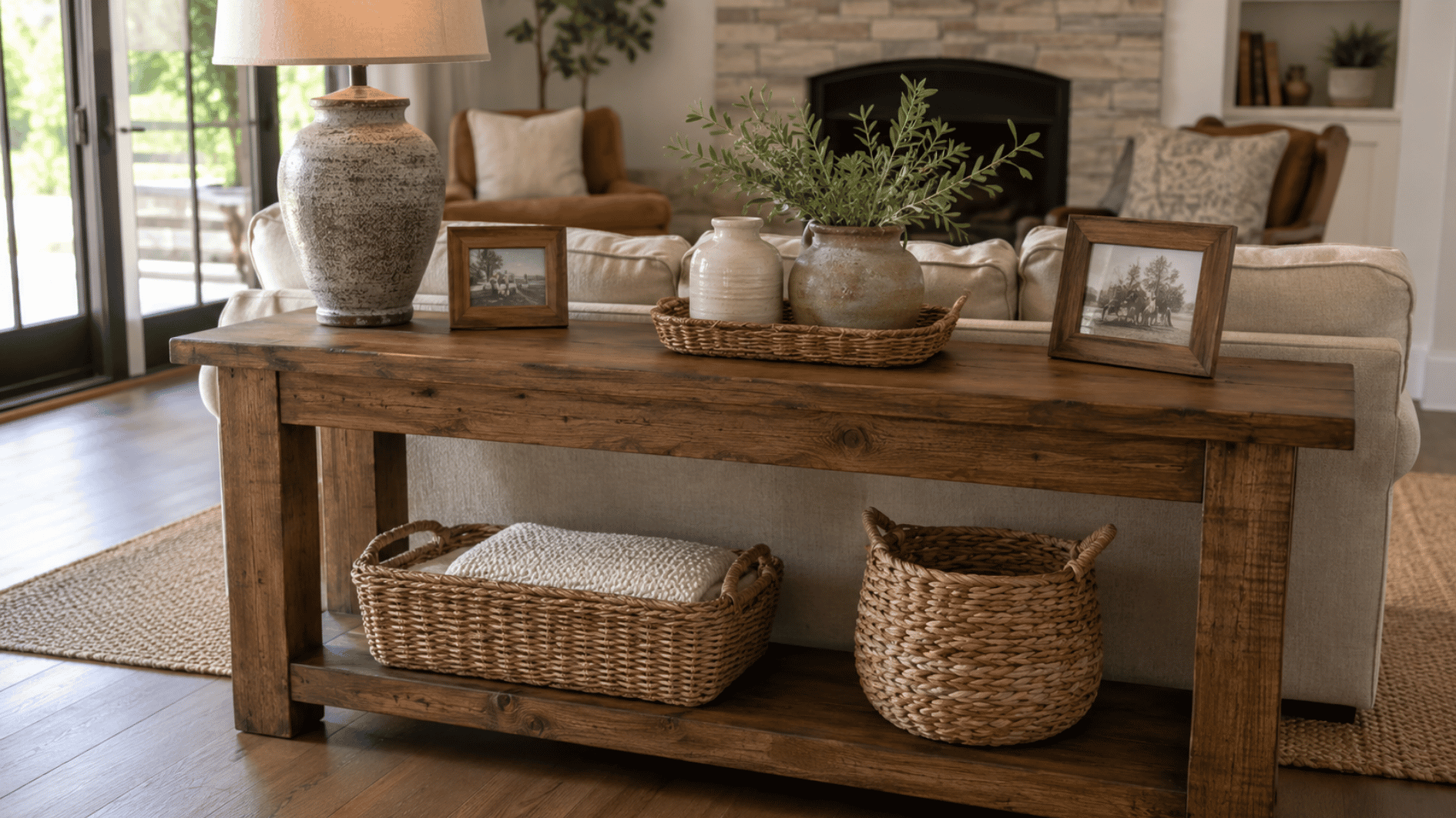 rustic wooden sofa table behind couch with lamp framed photos baskets and farmhouse decor