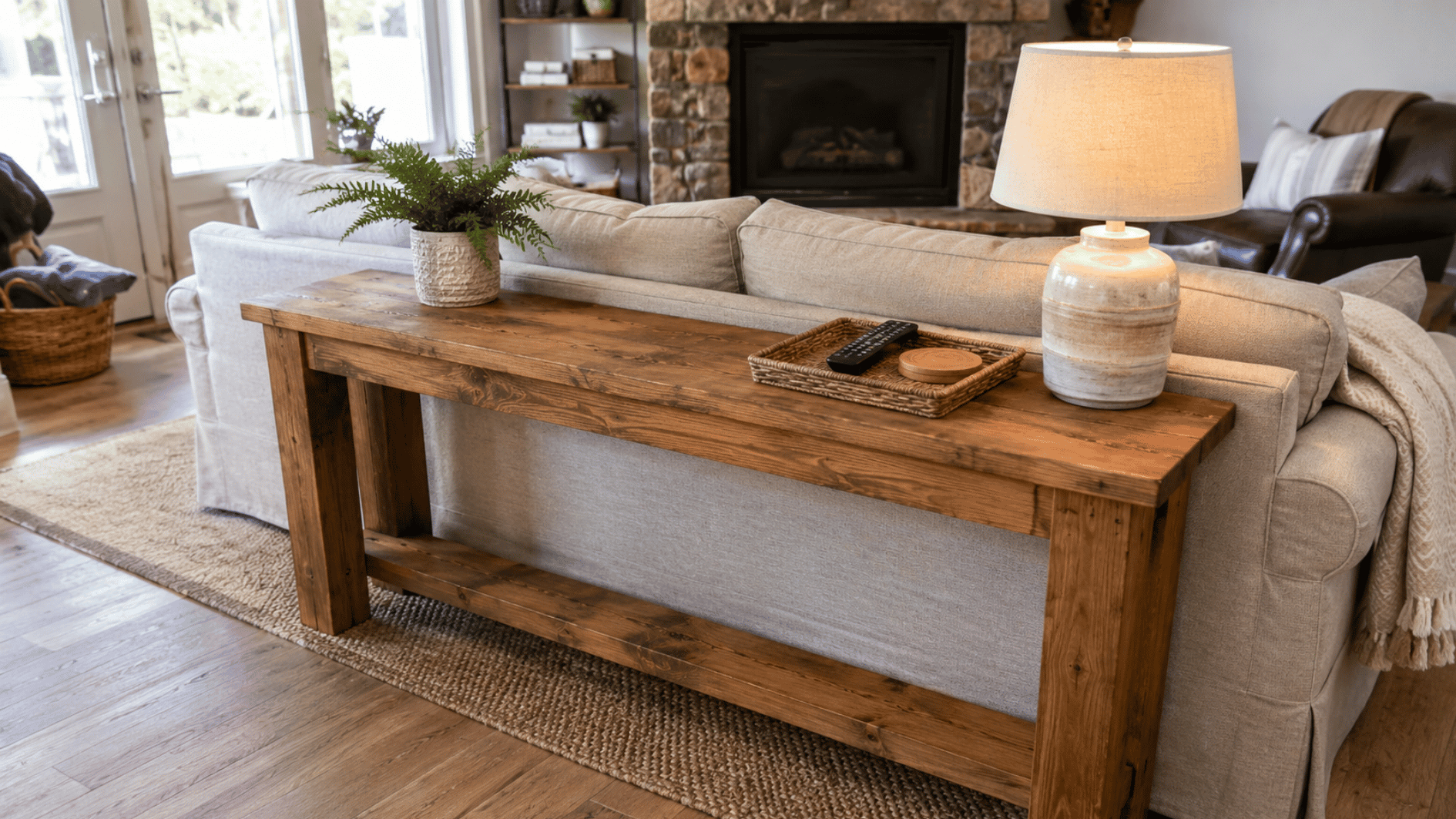 rustic wooden sofa table behind couch with lamp plant tray and cozy living room decor