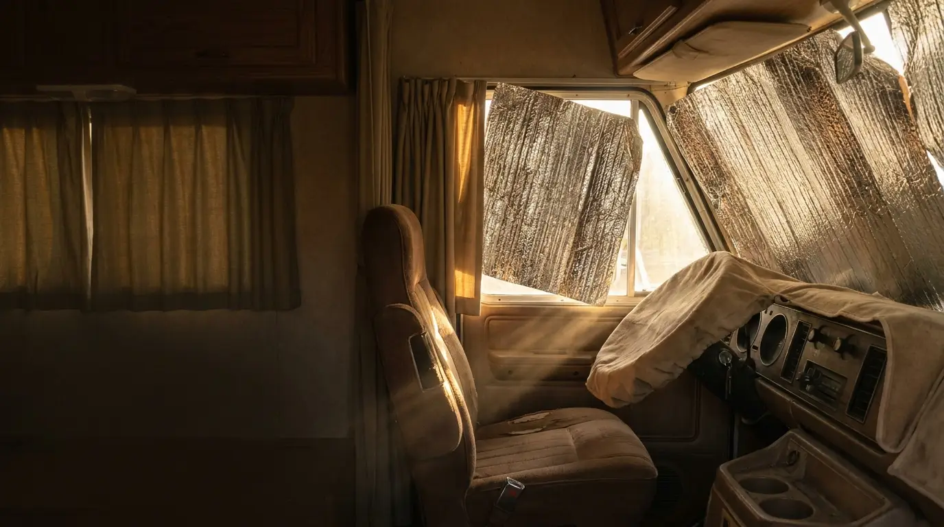 Sunlit motorhome interior with dusty dashboard and fabric-covered seats in warm light