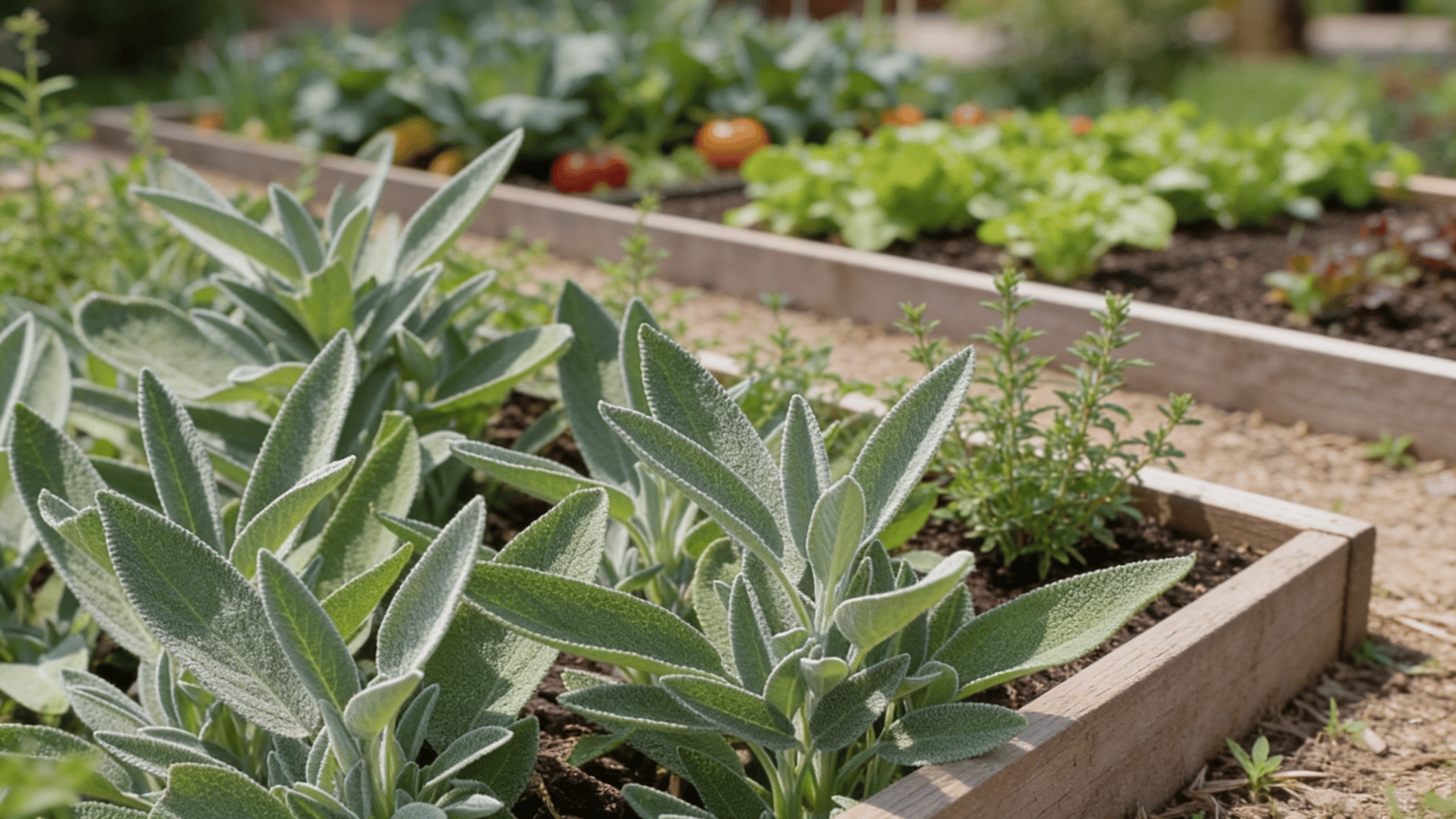 Sage plant growing in a separate herb bed away from vegetable garden plants