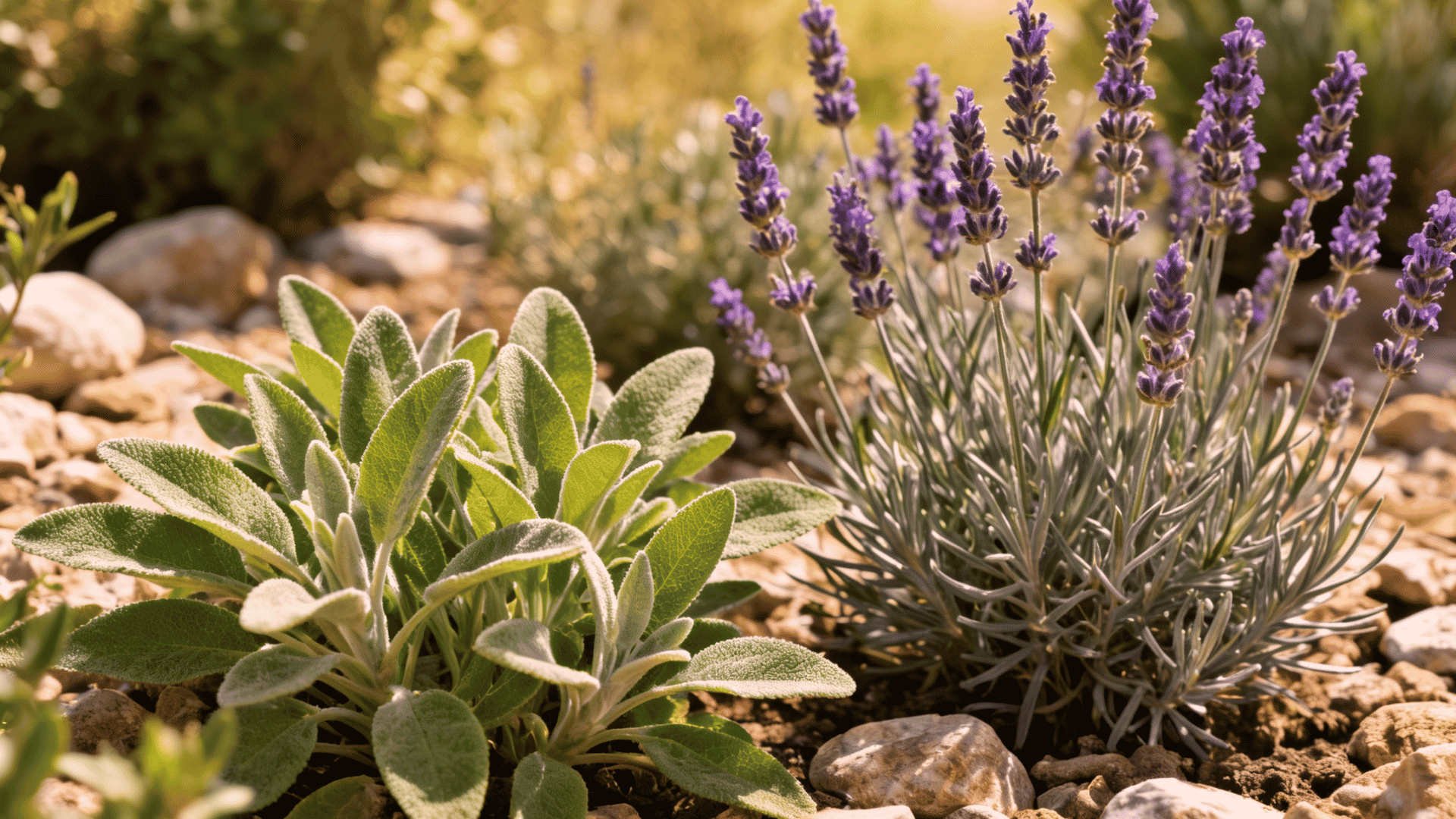 Sage plants growing near lavender in a dry herb garden with mixed green foliage.