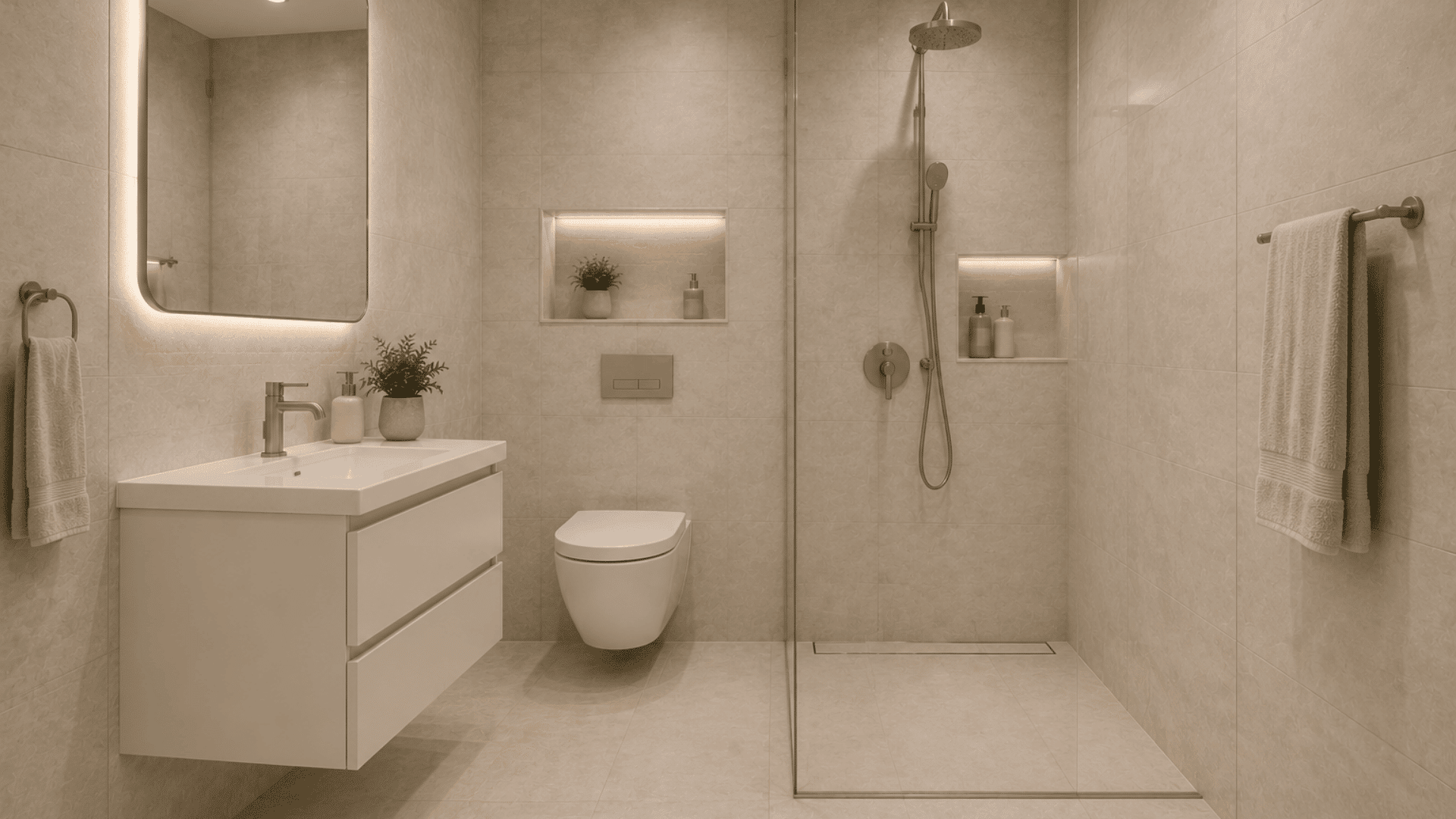 Bathroom with matching light wall and floor tiles creating a continuous look