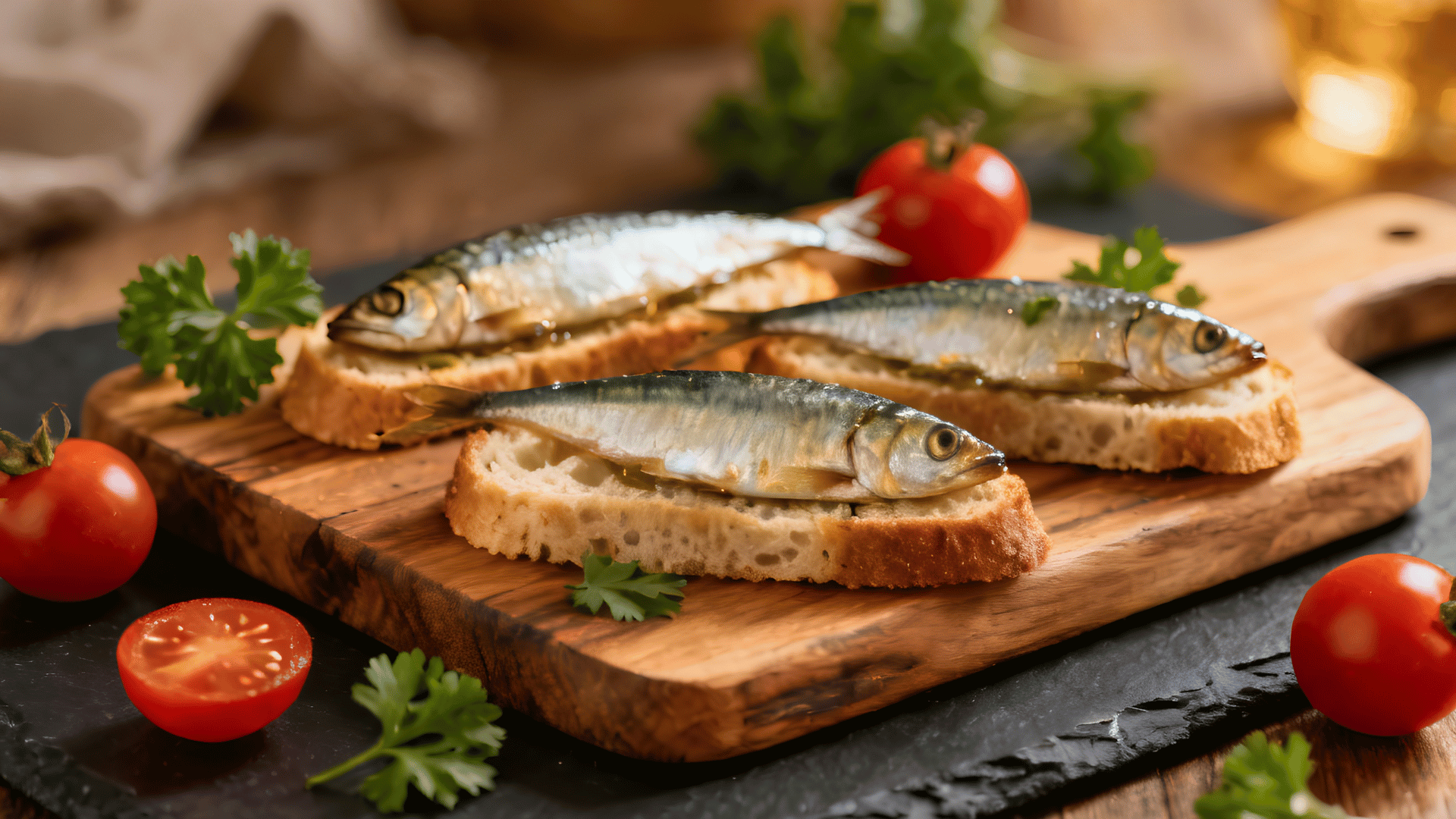 sardines served on toasted bread with fresh parsley and cherry tomatoes on a rustic wooden board and slate surface