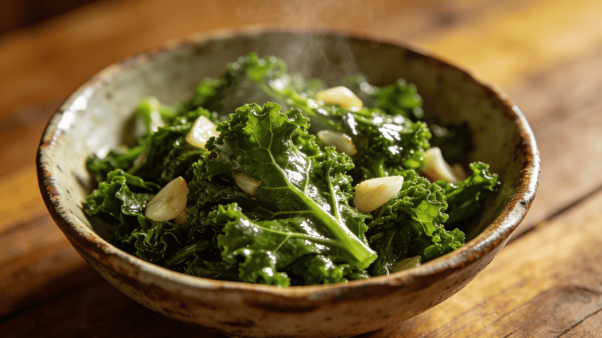 sauteed kale with garlic in a rustic bowl, served warm on a wooden table with fresh leafy greens and steam rising from the dish