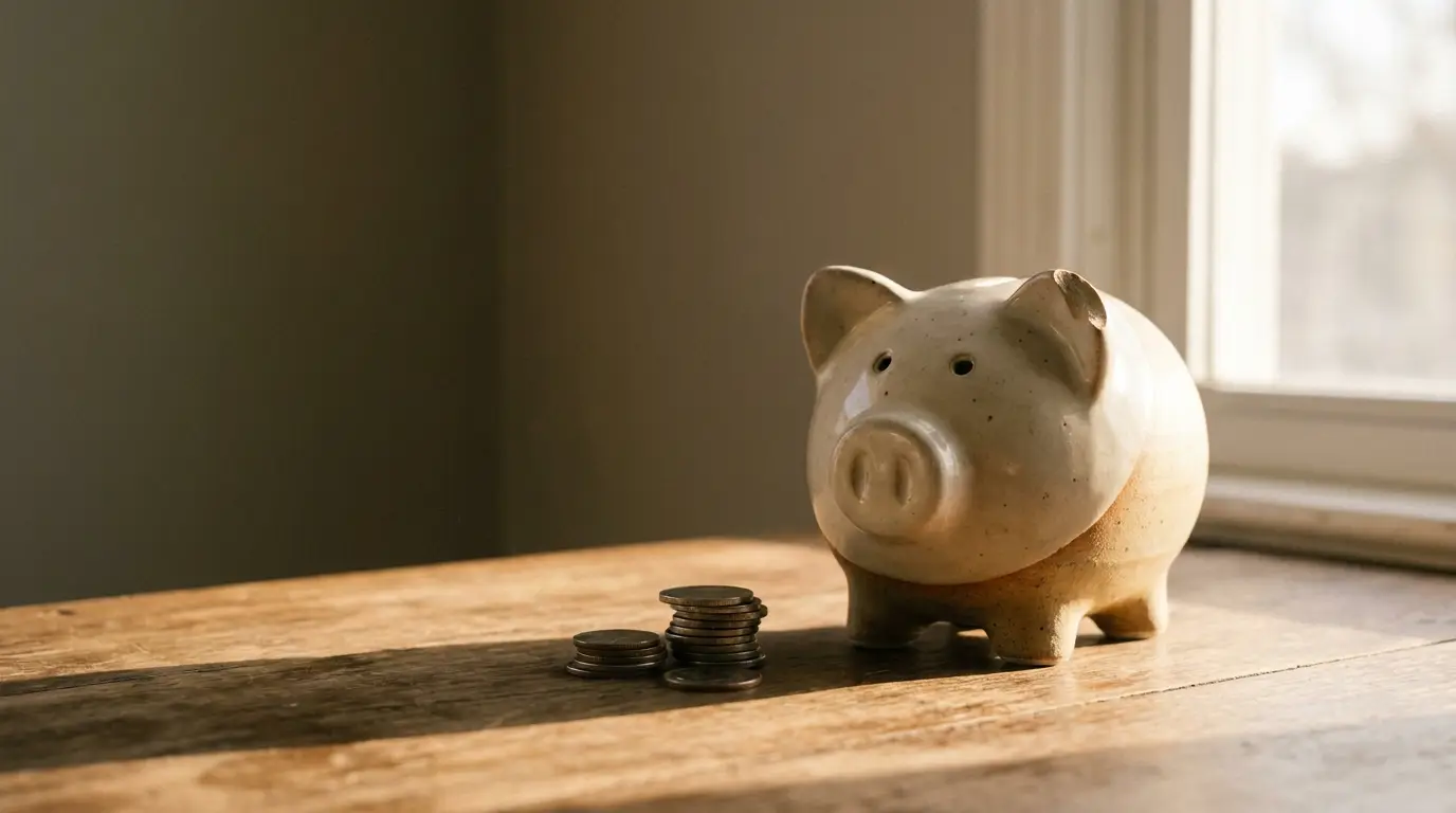 Piggy bank with stacked coins on wooden table near window in warm sunlight