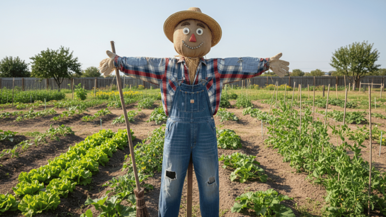 Scarecrow frame wearing clothes with broom in hand in a huge garden field