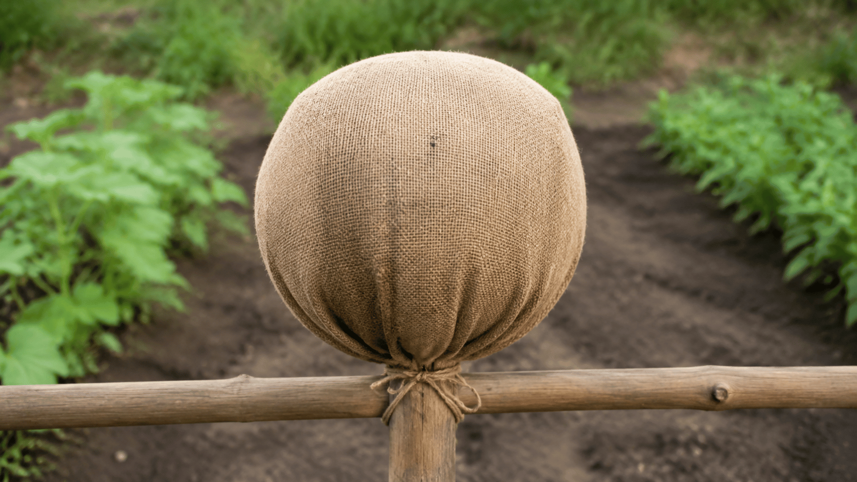 Filled burlap scarecrow head tied and placed on top of a wooden stake in a garden