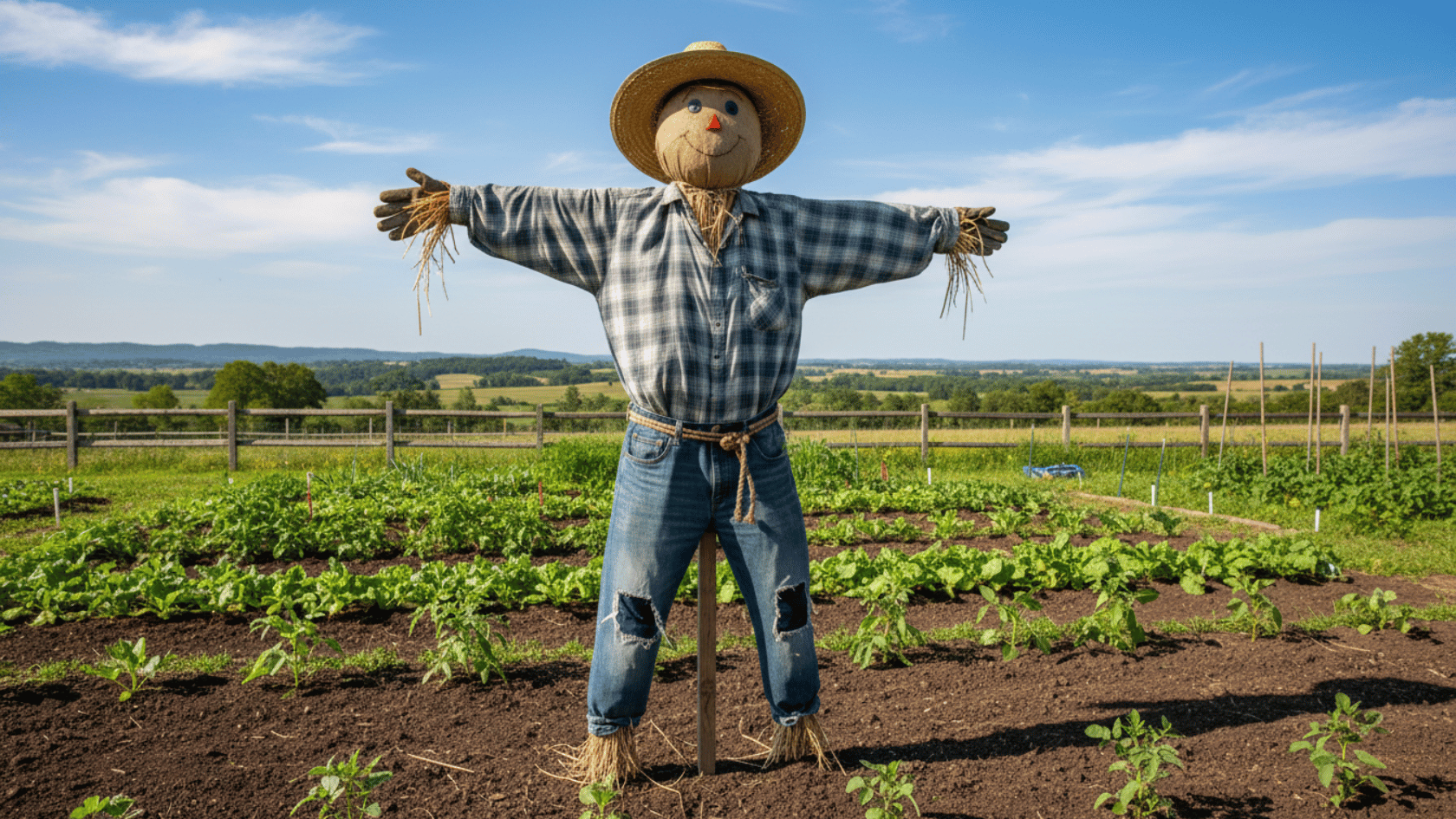 Scarecrow frame wearing shirt and jeans in a garden