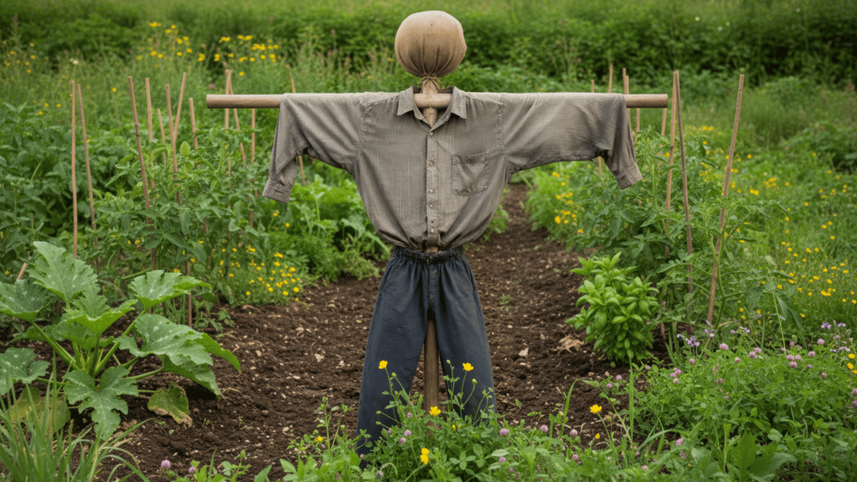 Scarecrow frame wearing old shirt on arms and trousers tied to lower wooden stake in garden