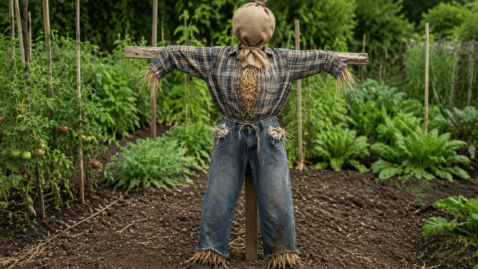 Straw and paper stuffed inside scarecrow shirt and trousers on wooden frame in garden
