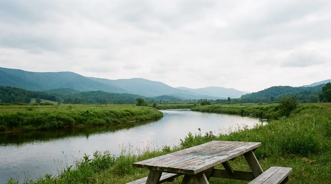 Wooden picnic table overlooking a serene river and mountains under cloudy sky