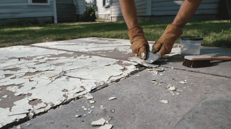 Person scraping peeling paint from an outdoor concrete surface with a hand tool