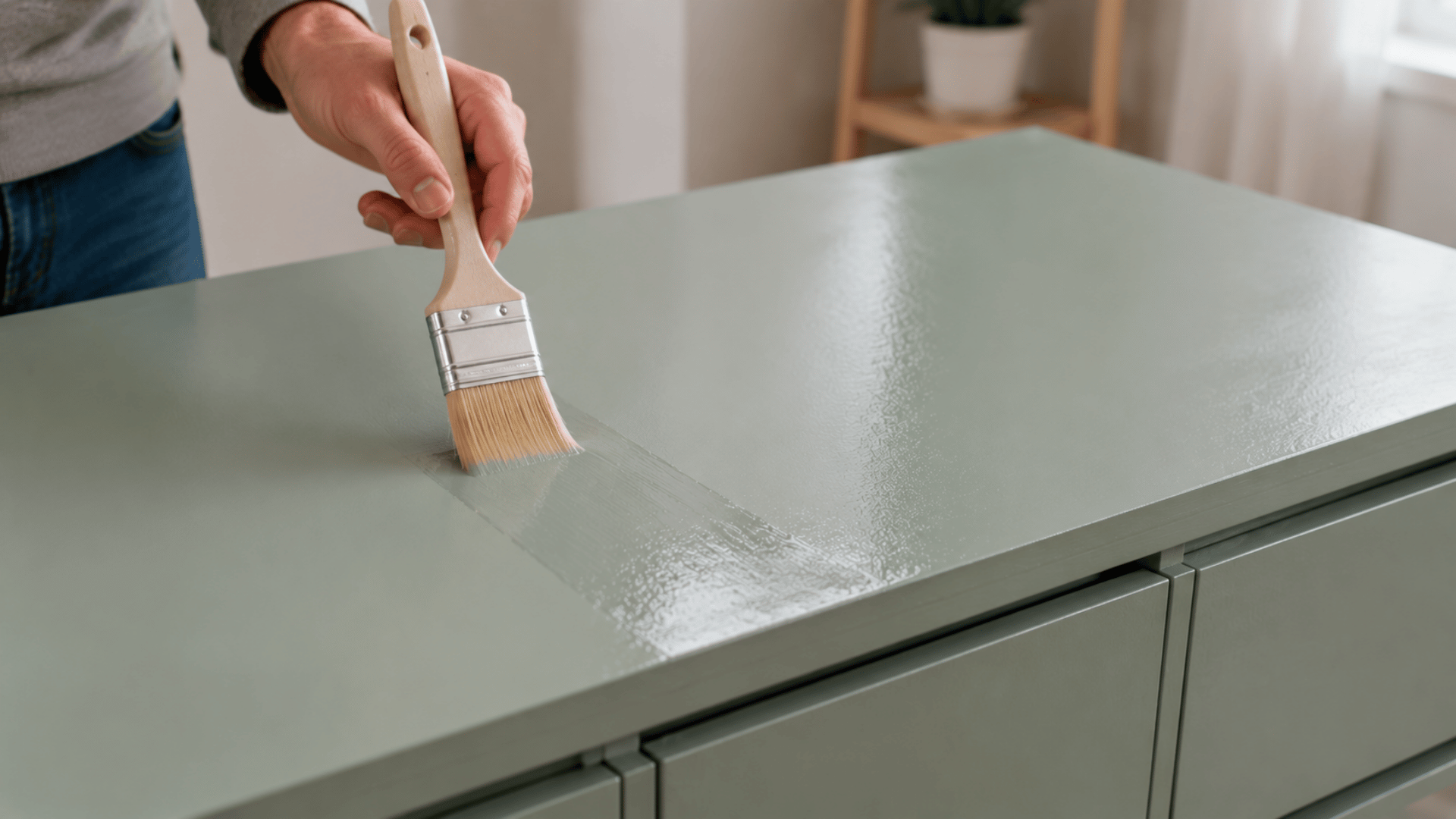 Protective topcoat being applied to painted IKEA furniture using a brush.