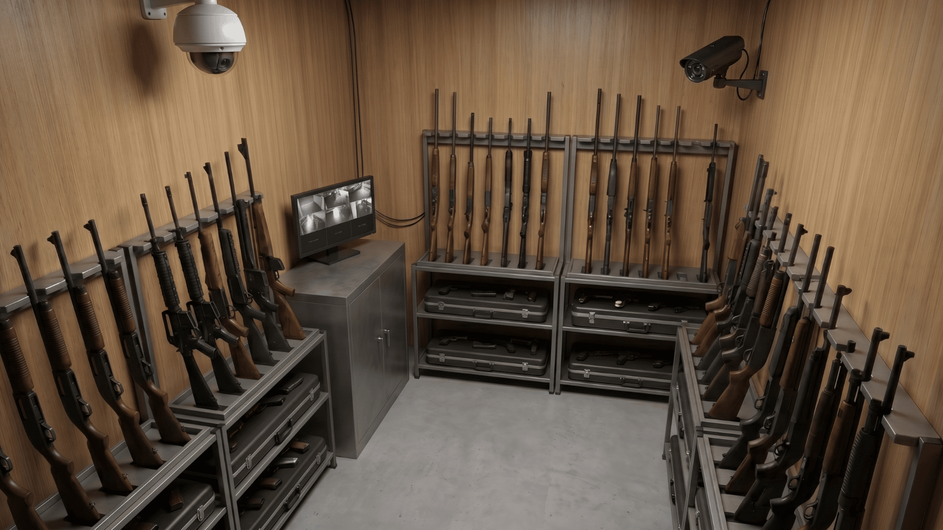 security cameras mounted in a gun room monitoring firearms stored on racks