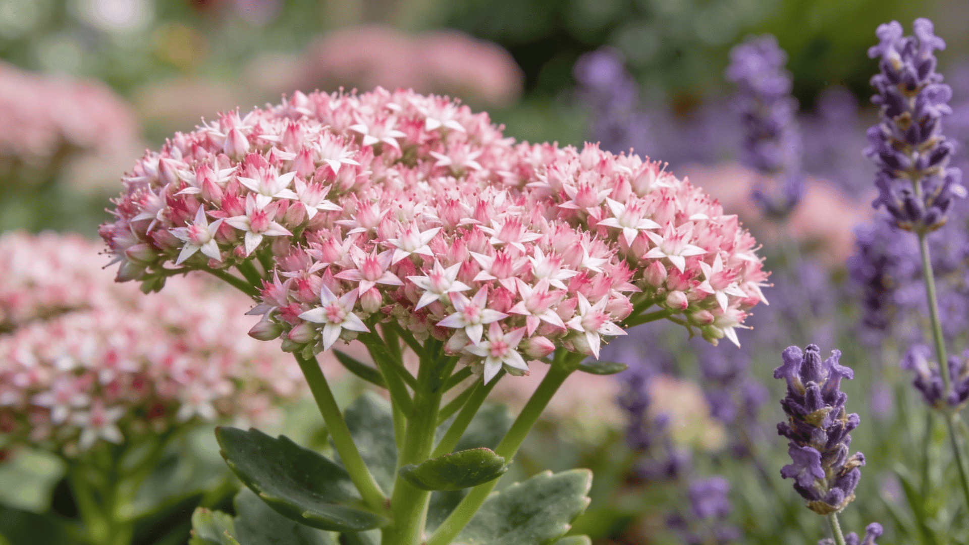 Sedum ground cover growing around lavender in a dry garden with low-water plants.