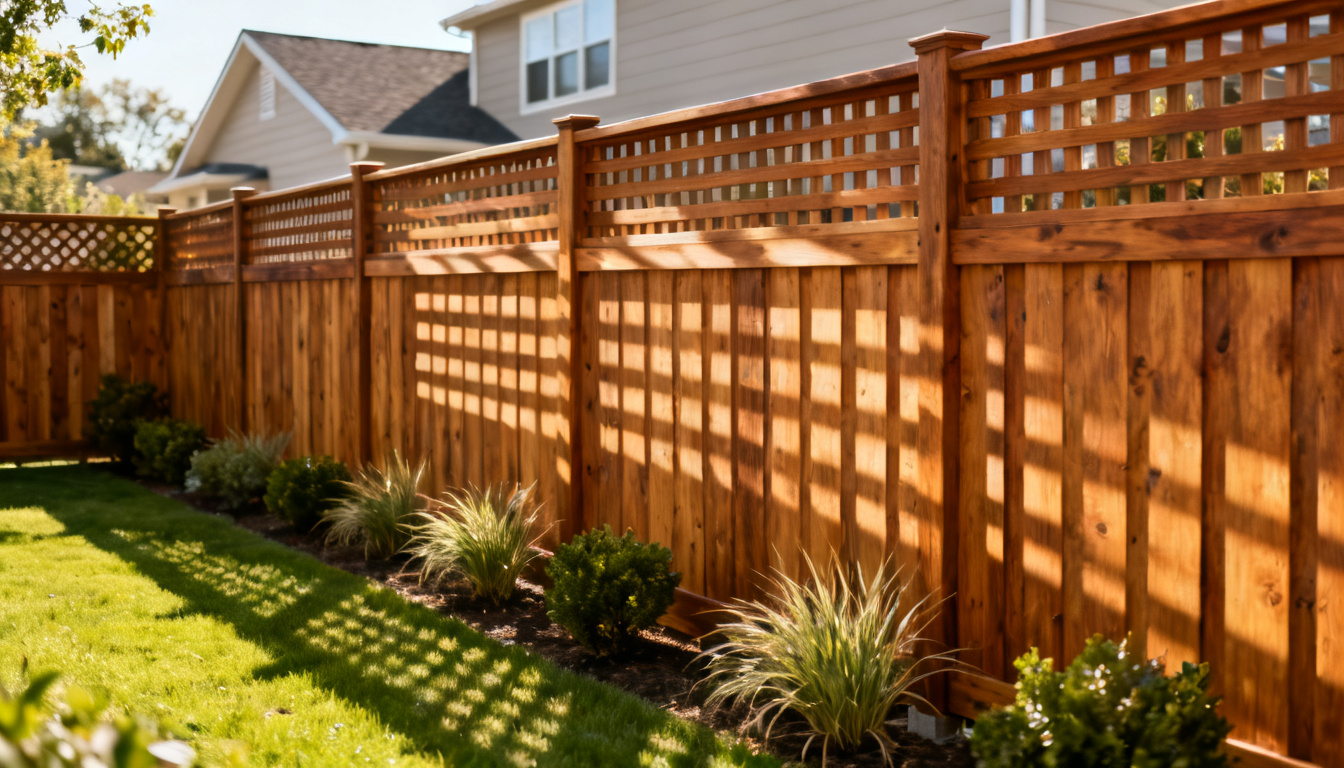shadow box wood fence with decorative lattice top, landscaped shrubs, and a sunlit backyard lawn near homes