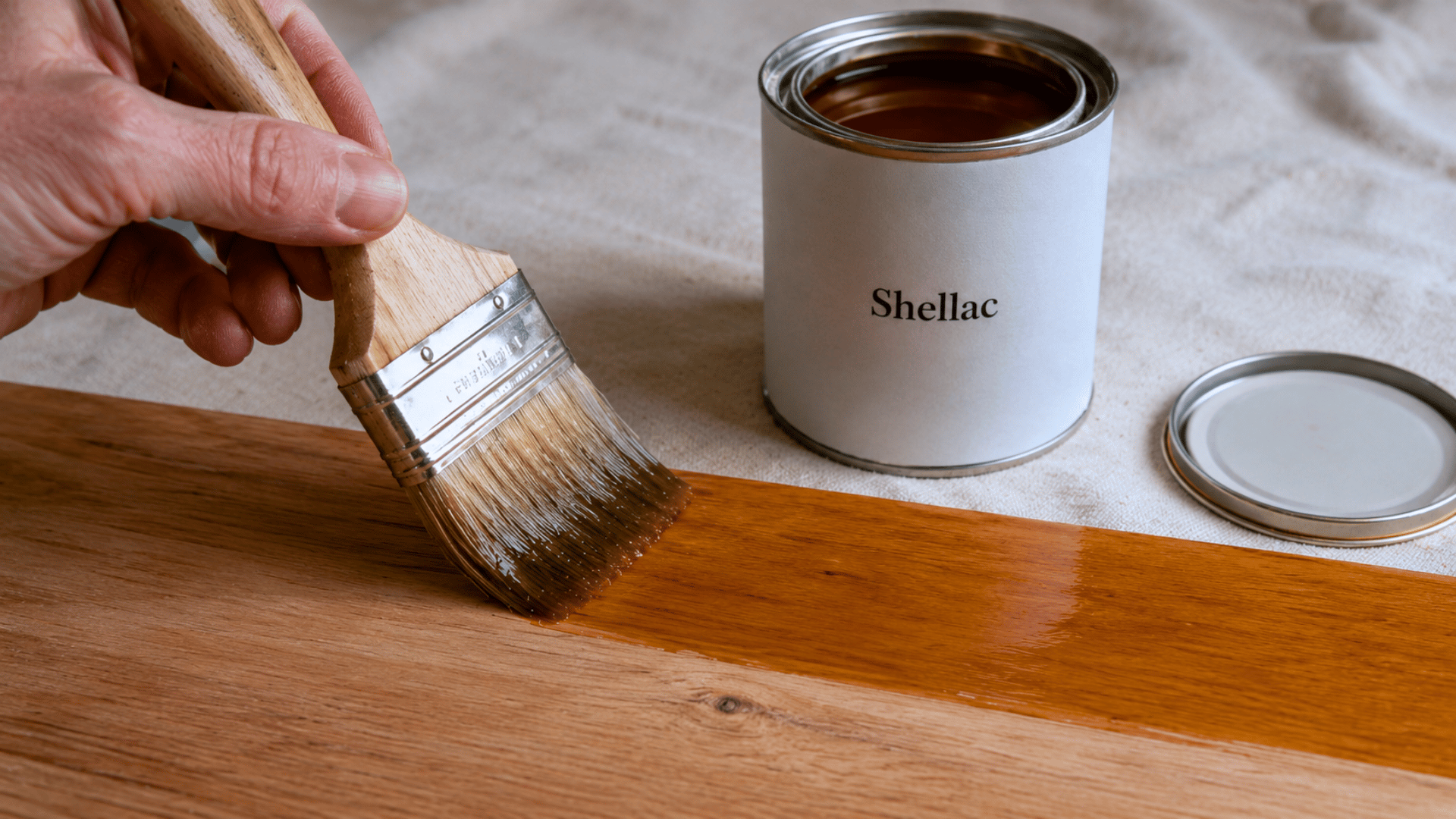 Hand applying Shellac finish to a wooden board with a brush beside an open can of Shellac and lid.