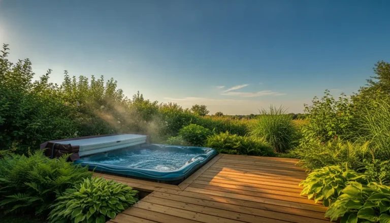 Outdoor hot tub on wooden deck surrounded by lush green plants under clear sky