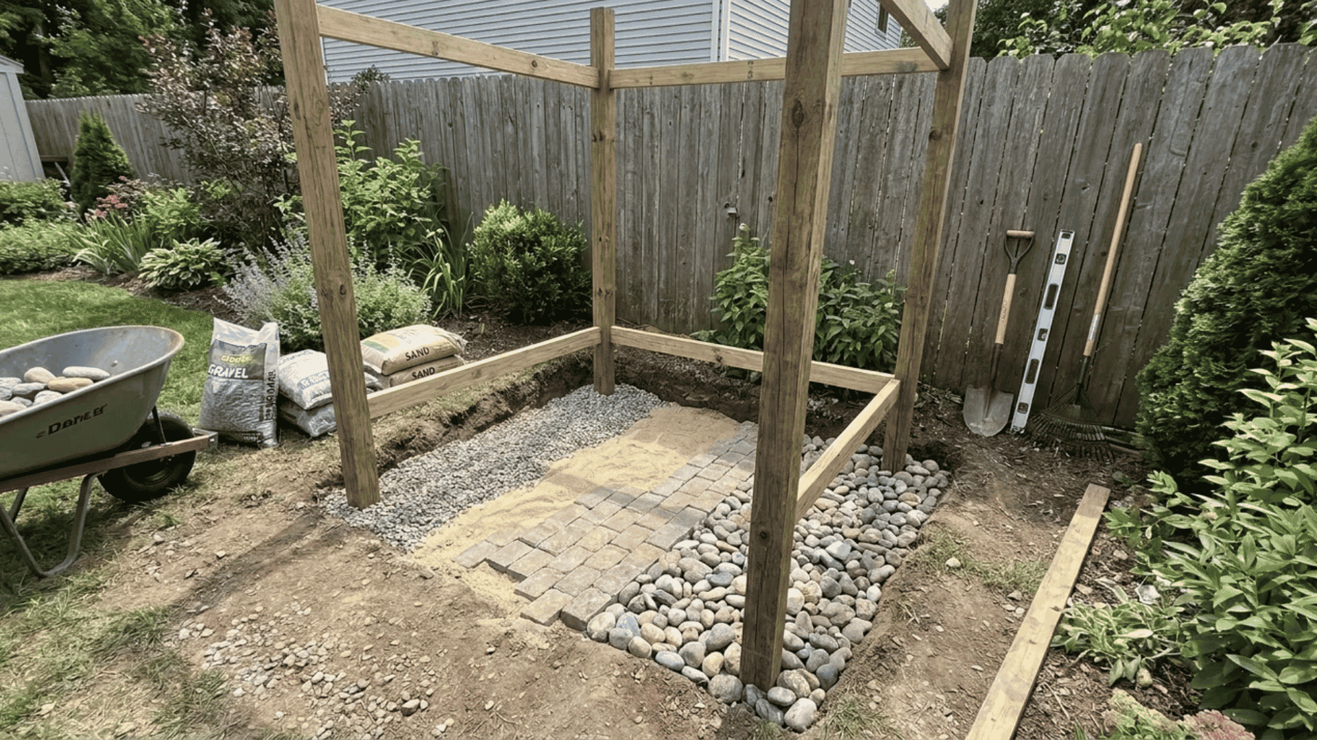 Outdoor shower ideas showing a gravel, sand, paver, and river rock drainage base inside a wooden shower frame.