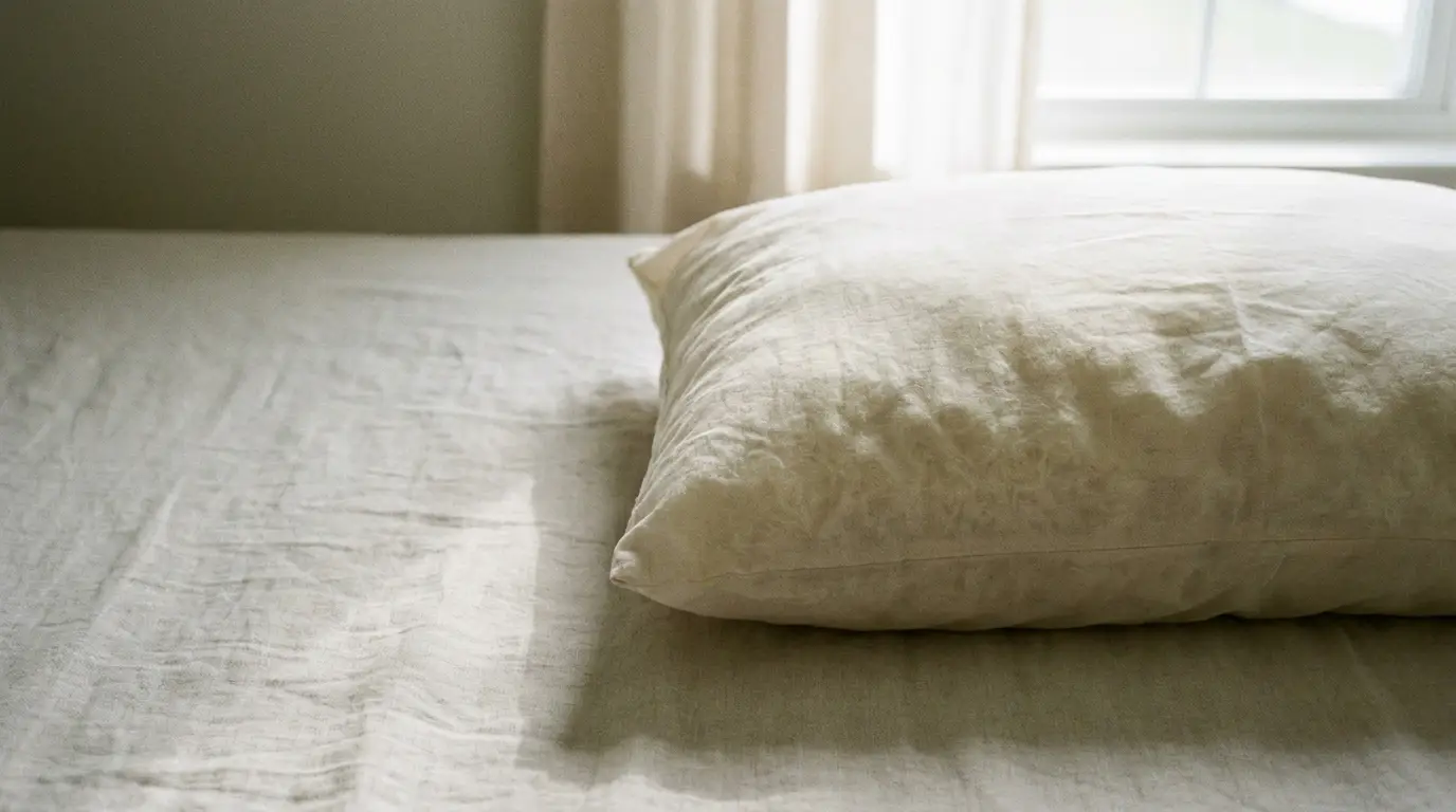 Cream linen pillow on bed in softly lit bedroom with window curtains