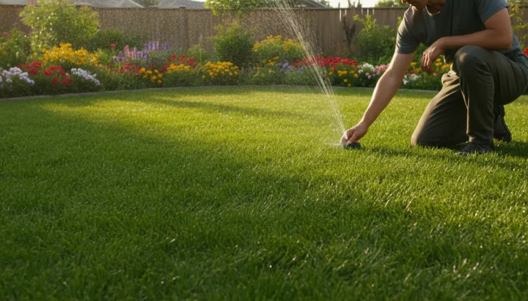 Person adjusting lawn sprinkler in garden surrounded by blooming flowers