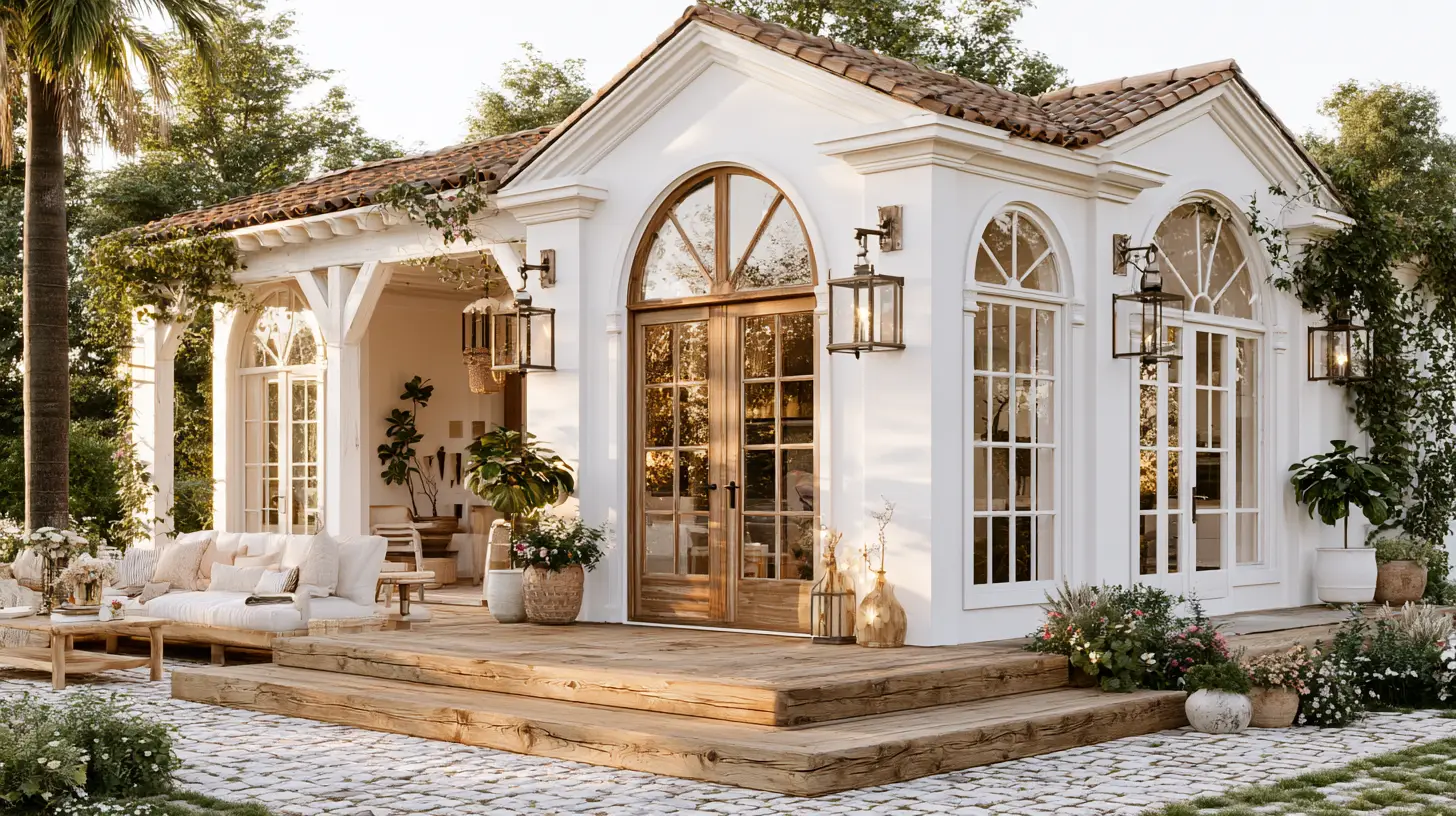 Charming white garden cottage with wooden patio and lush greenery in sunlit outdoor setting