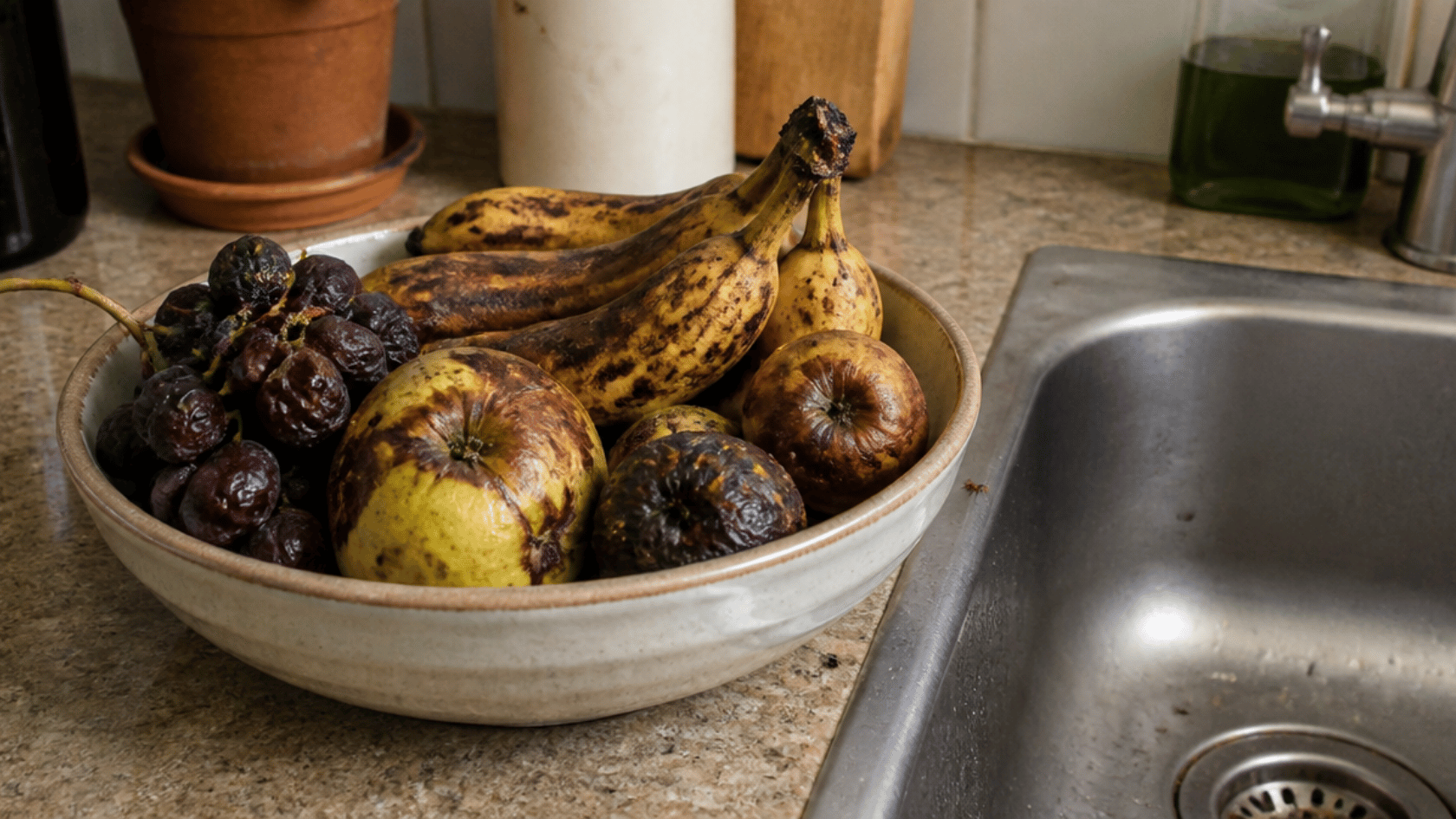 Overripe fruit in a bowl beside a kitchen sink drain with a few small fruit flies visible