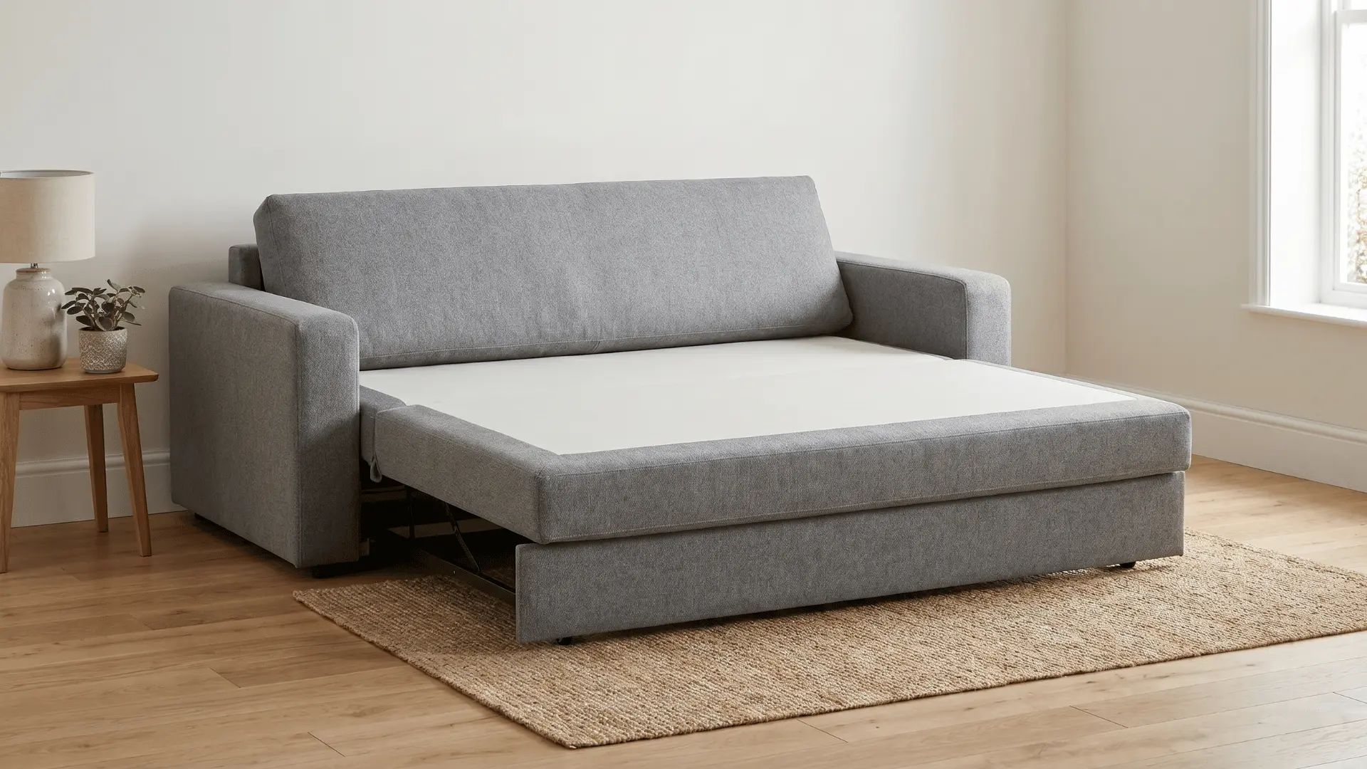 Sleeper sofa opened flat into bed with visible mattress and base