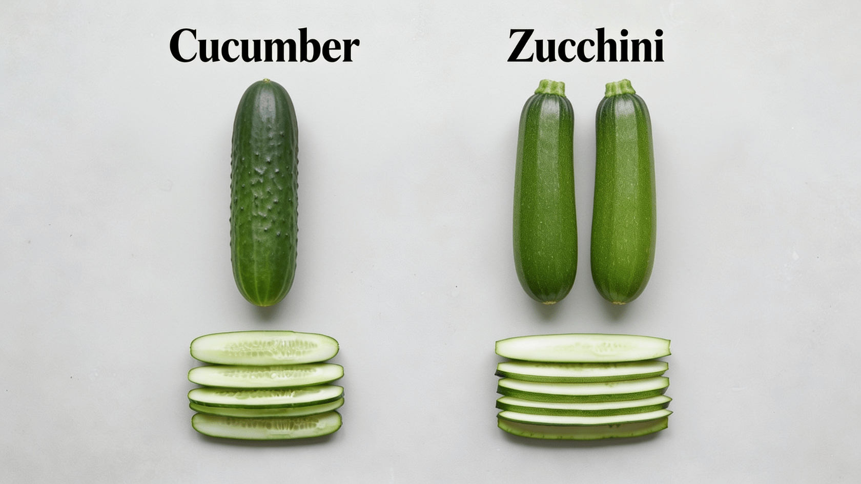 Cucumber and zucchini side-by-side with sliced sections showing differences.