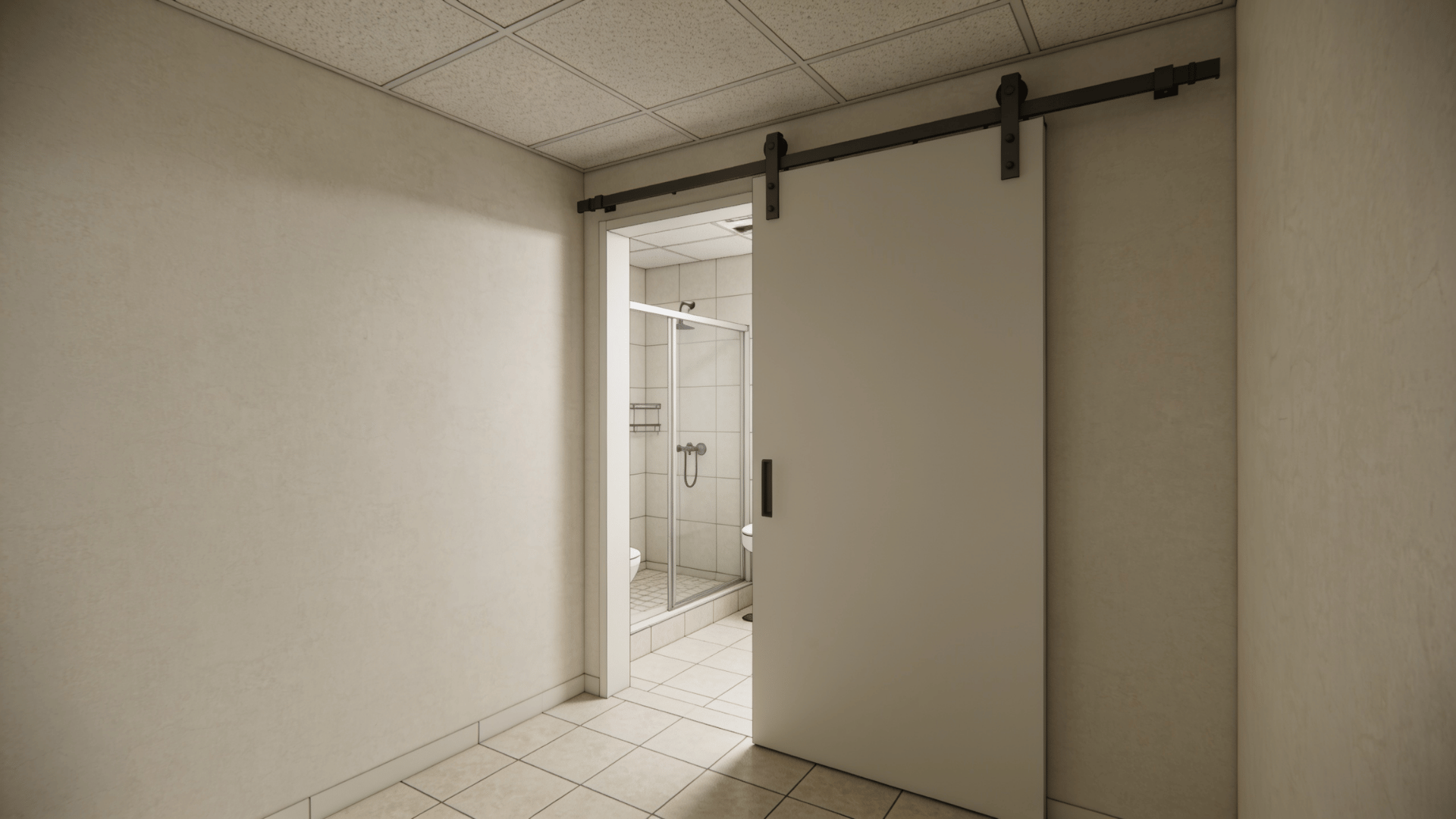 Bathroom with sliding door saving floor space at entrancef ront angle