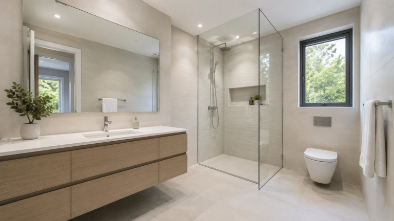 Small bathroom with large mirror, light surfaces, open floor space, and clear sightlines