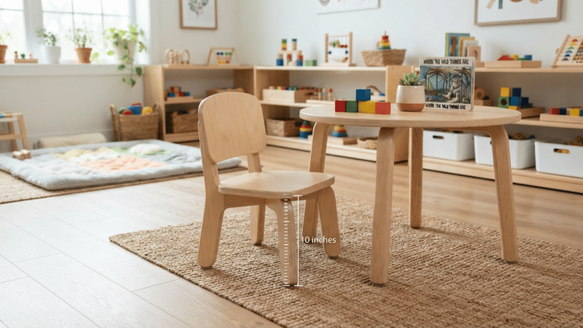 small children chair beside activity table showing compact proportions seat height and supportive design features indoors