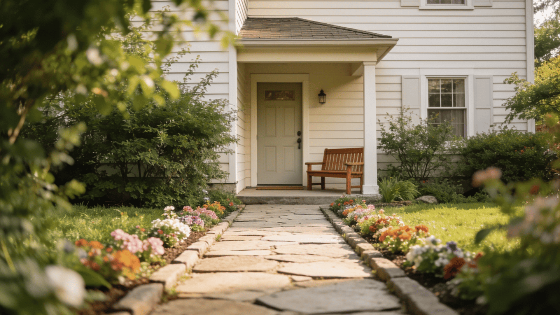 Front yard pathway with flower beds leading to a house entrance