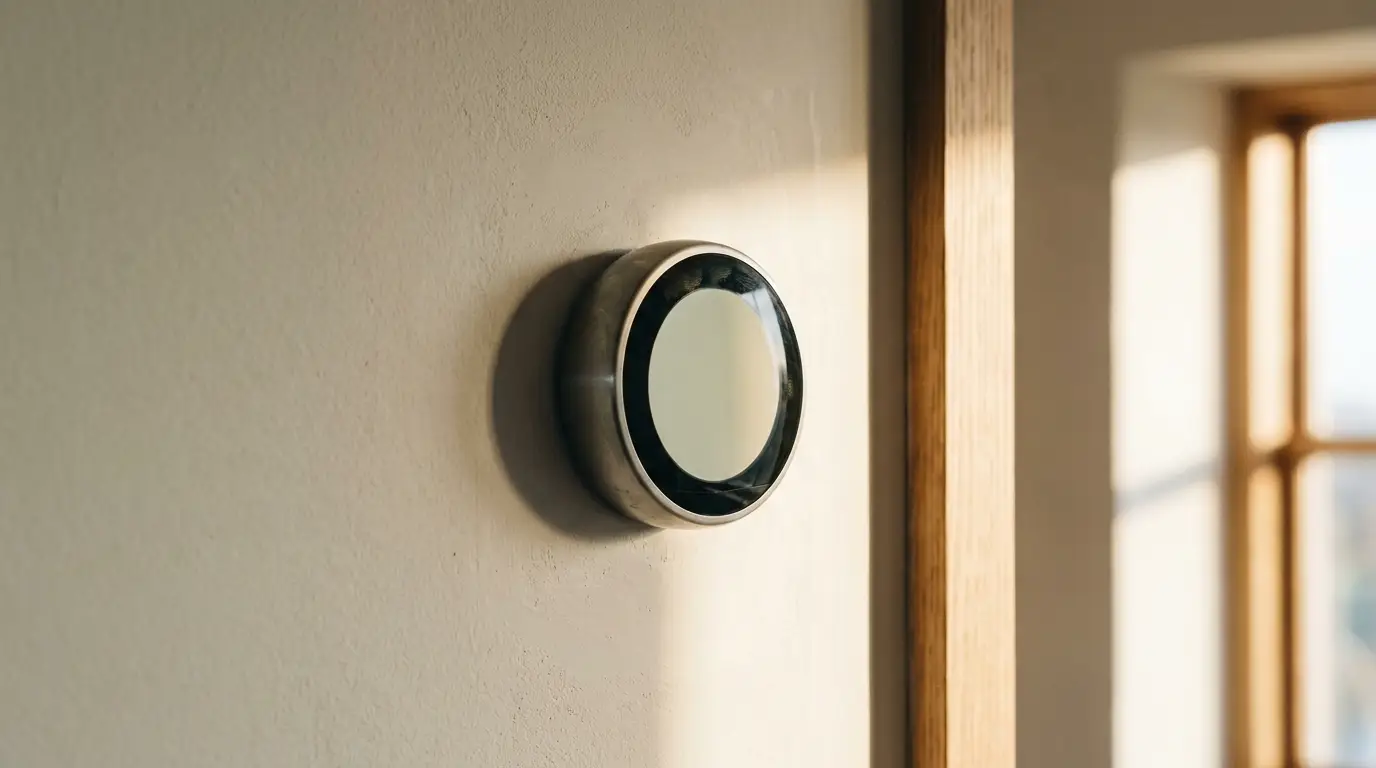 Smart thermostat mounted on wall in sunlit modern room