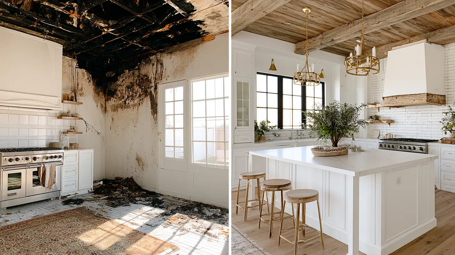 Burned kitchen corner with charred ceiling and wall beside restored modern kitchen with white cabinetry