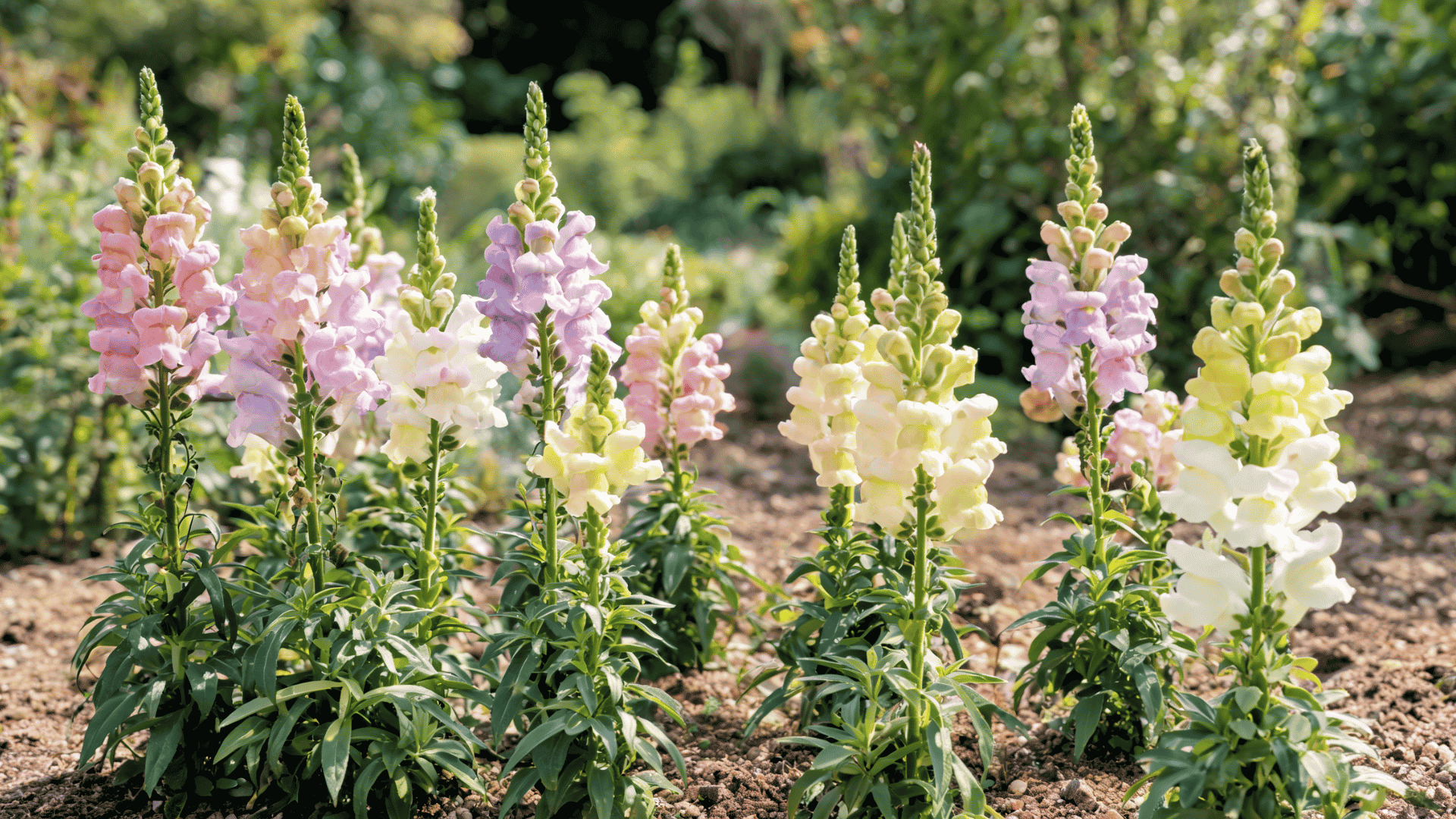 Snapdragon plants with tall flower spikes and colorful blooms in a garden bed.