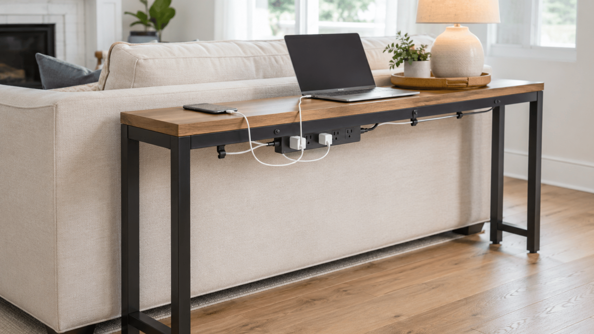 sofa table with outlets behind couch holding laptop phone lamp and plant in bright living room