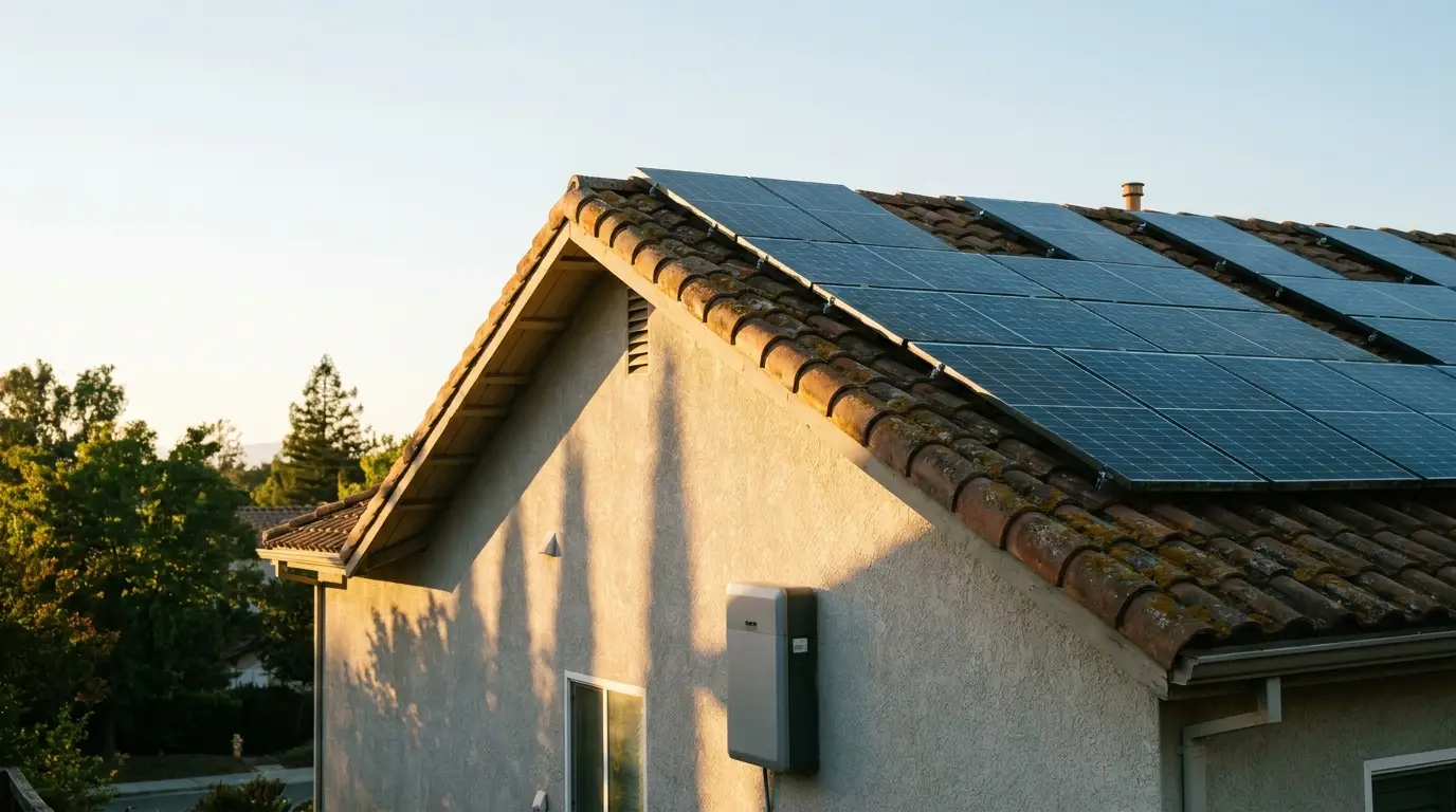 Rooftop solar panels on a house under clear sky at sunset