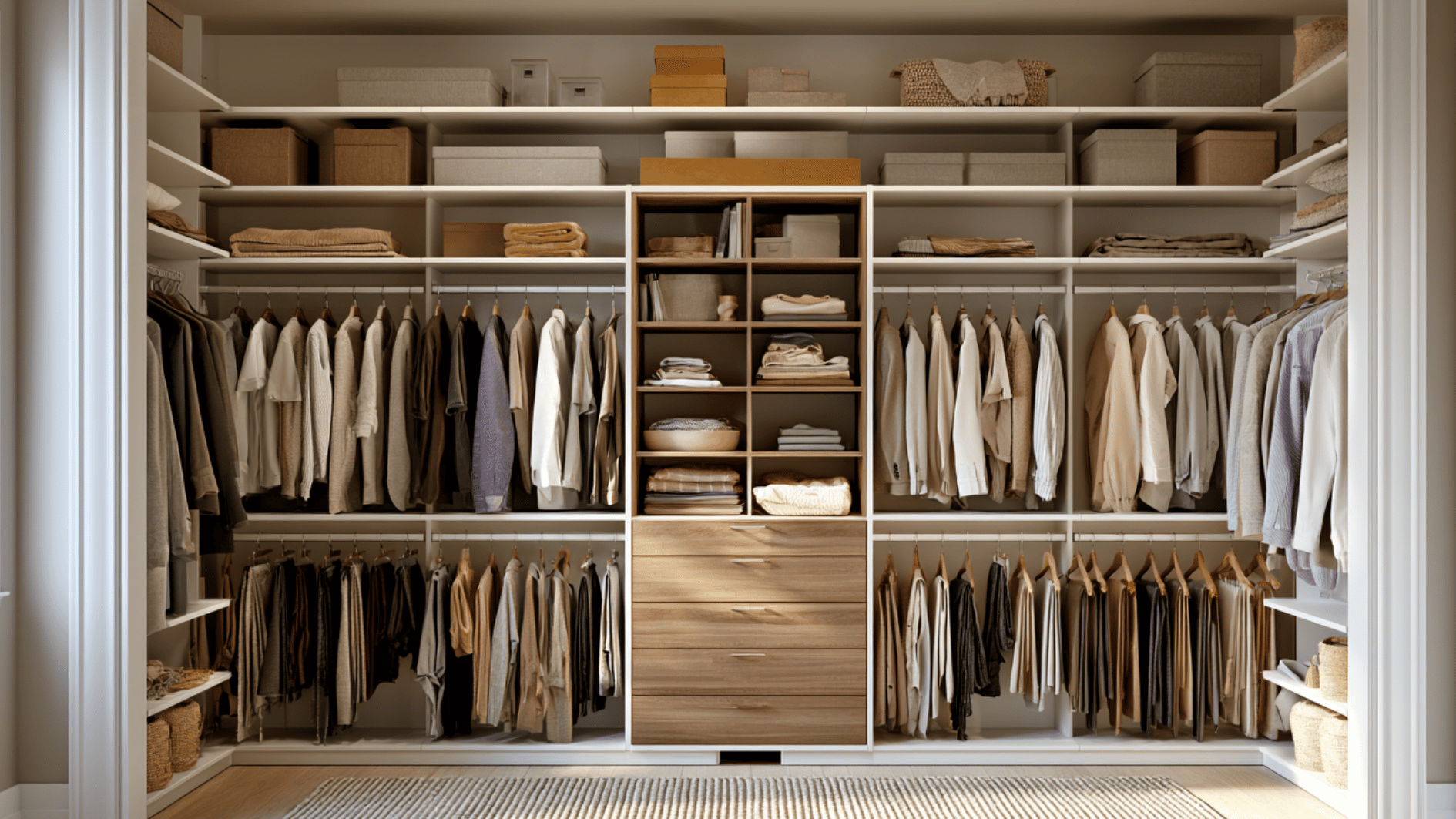 spacious built-in closet with organized hanging clothes, shelves, and central wooden drawers