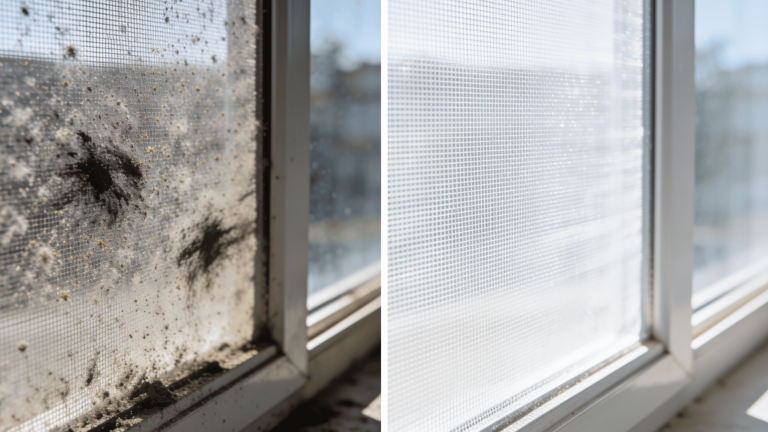 split window screen before and after cleaning, dirty grime on left, clean mesh on right