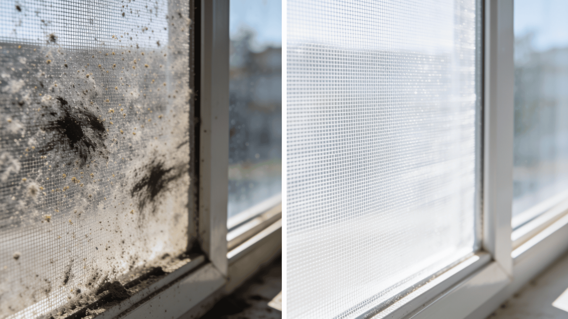 split window screen before and after cleaning, dirty grime on left, clean mesh on right