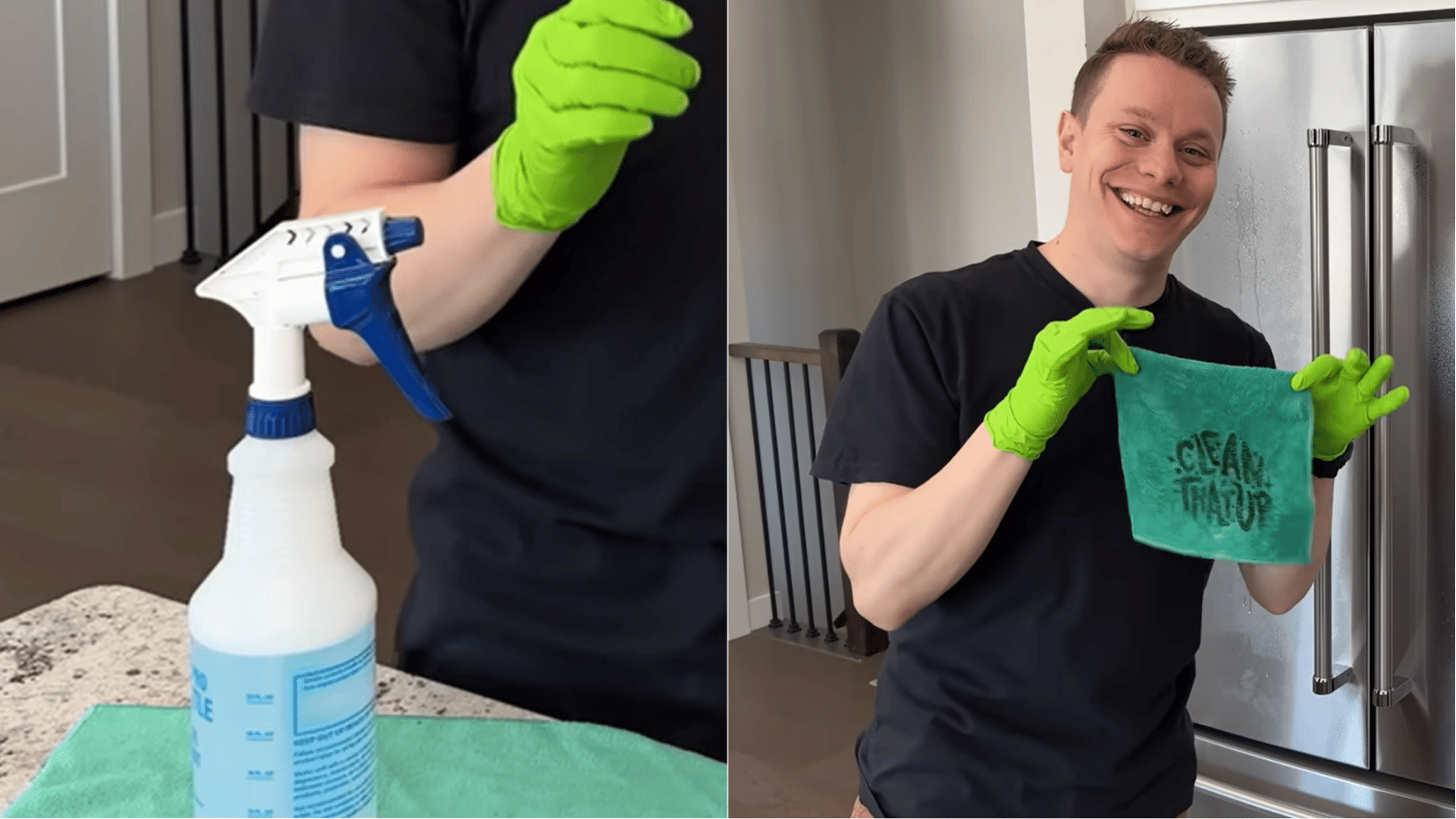 spray bottle and microfibre cloth used to clean a stainless steel fridge