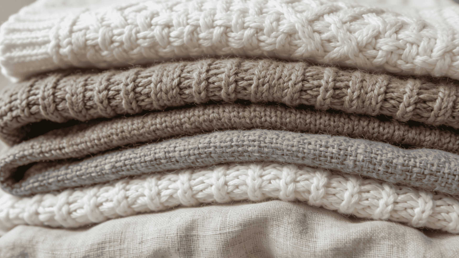 Stacked folded fabrics with woven textures in beige and brown tones indoors