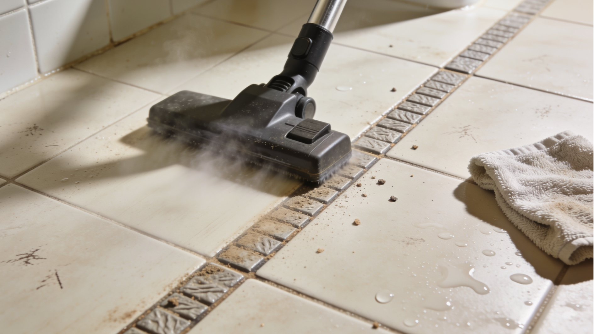 steam cleaner removing dirt from bathroom tile floor beside a towel