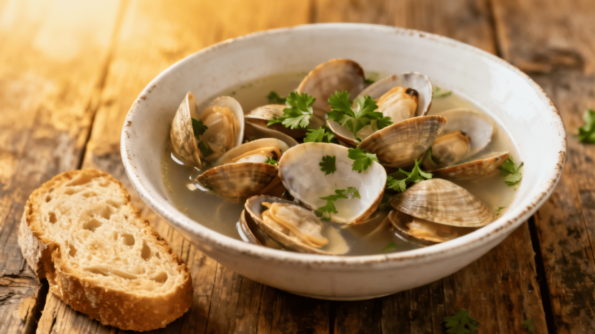 steamed clams in a rustic white bowl with broth and parsley, served with sliced bread on a wooden table