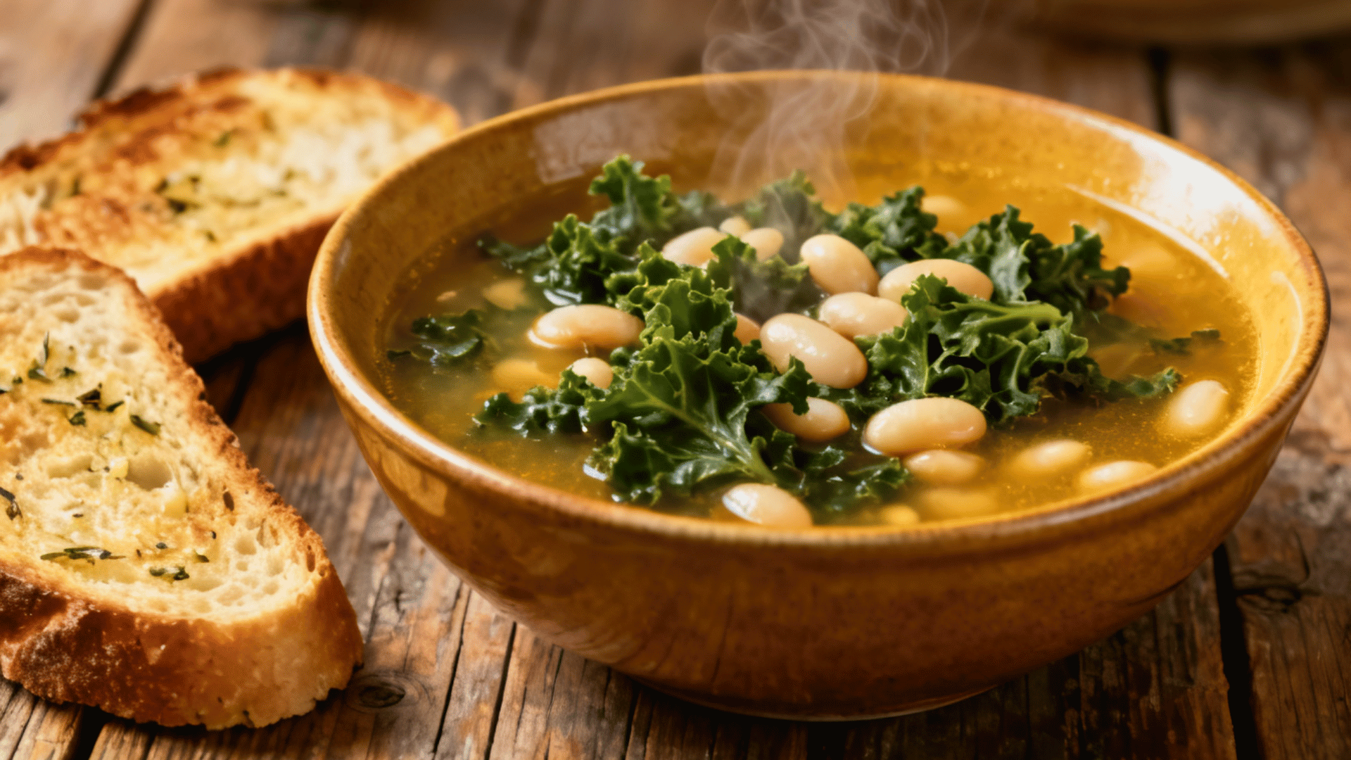 steaming kale and white bean soup served in a rustic bowl with toasted garlic bread on a wooden table near warm light
