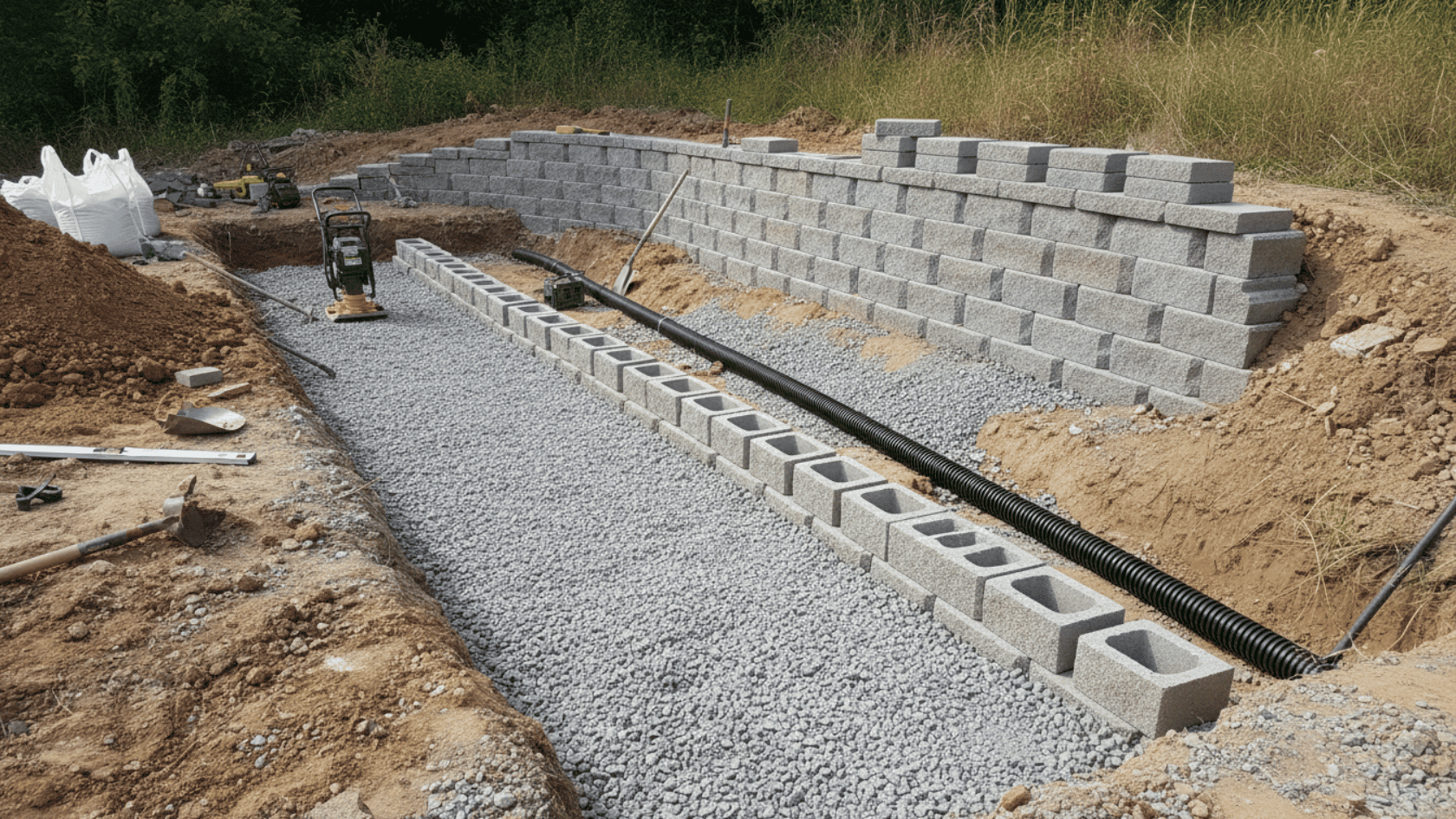 Compacted gravel base in trench with gray retaining wall blocks, drainage pipe, and construction equipment on site