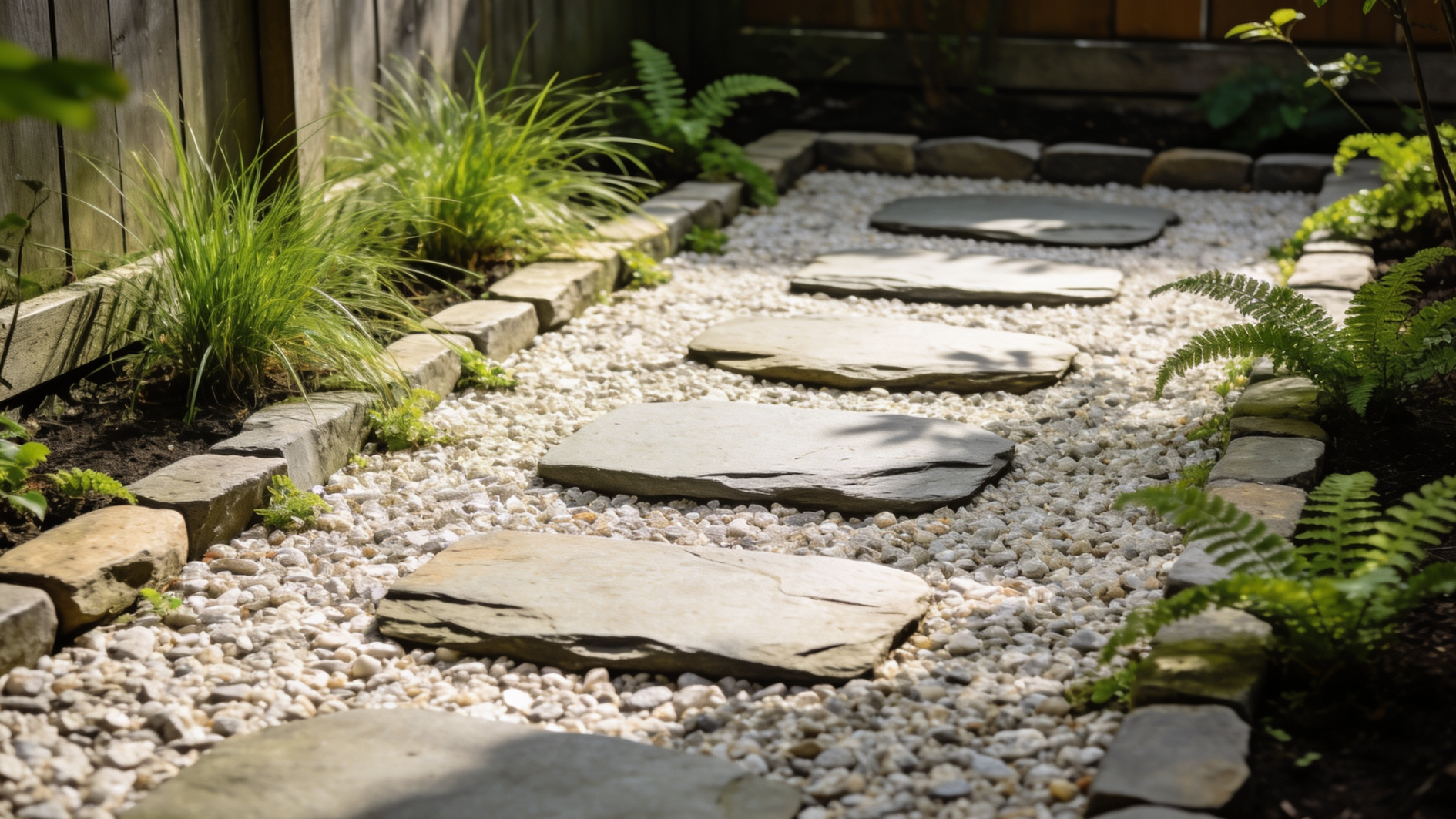 stone stepping path across white gravel garden bordered by plants and greenery flat stone slabs moss